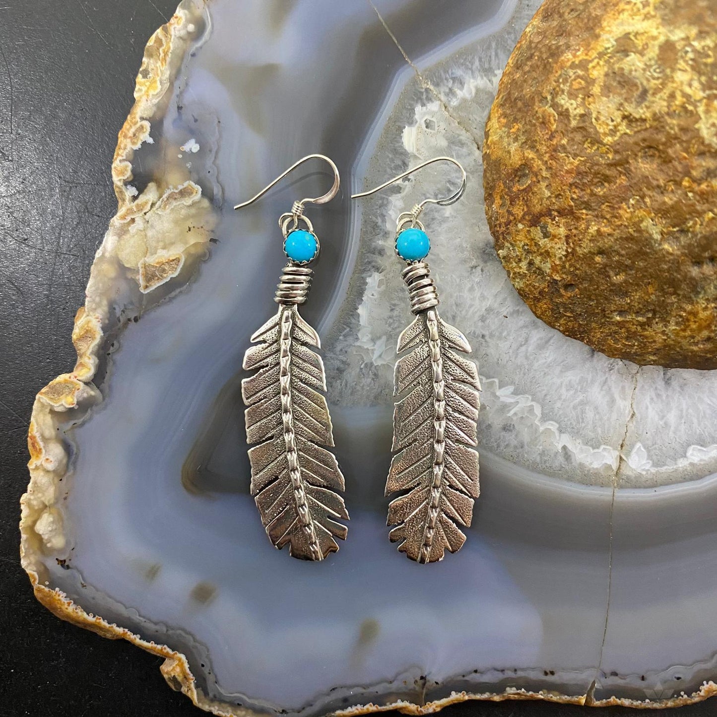 Brad Panteah Native American Sterling Long Feather w/Turquoise Dangle Earrings