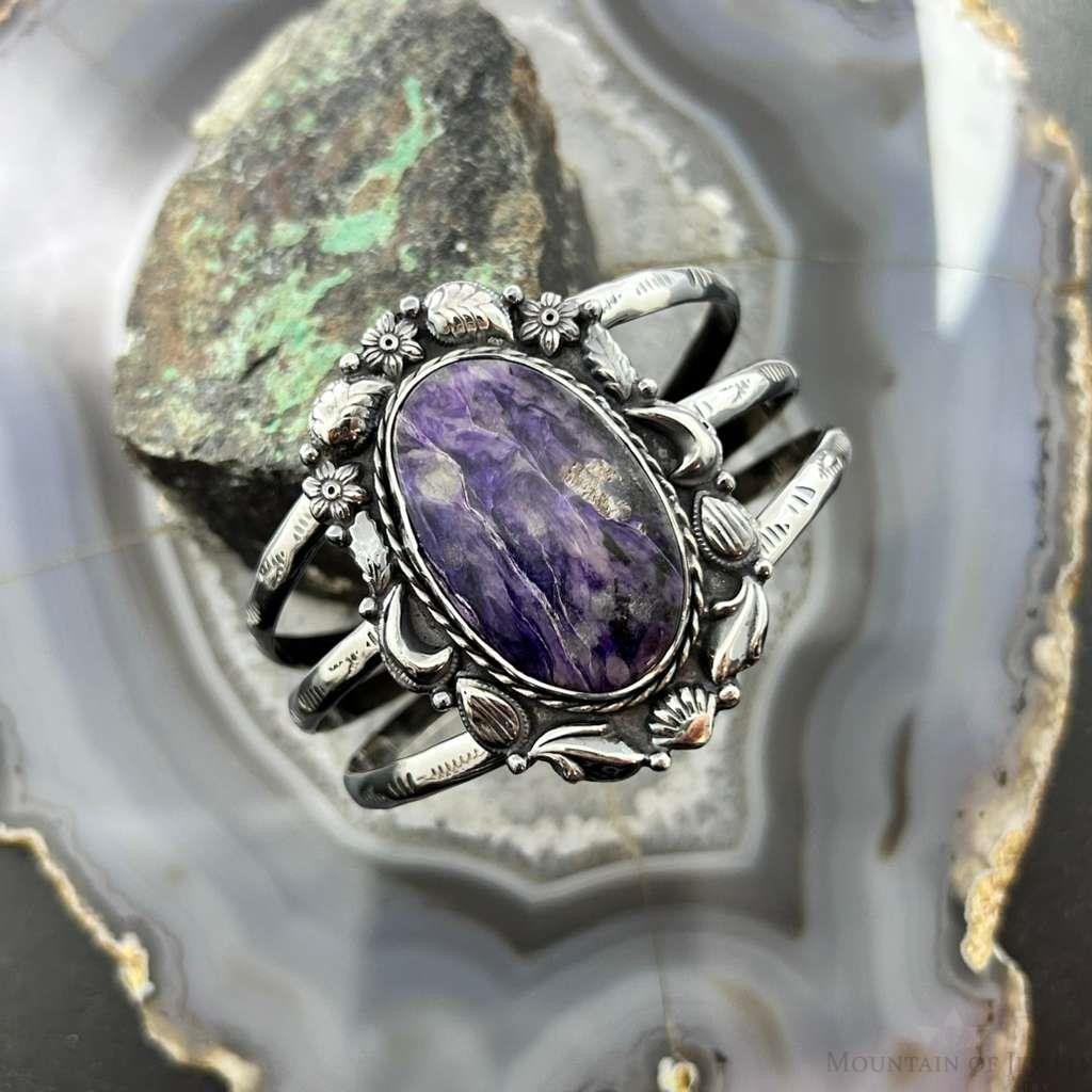 Sterling Silver Southwestern Style Large Oval Charoite Decorated Bracelet For Women