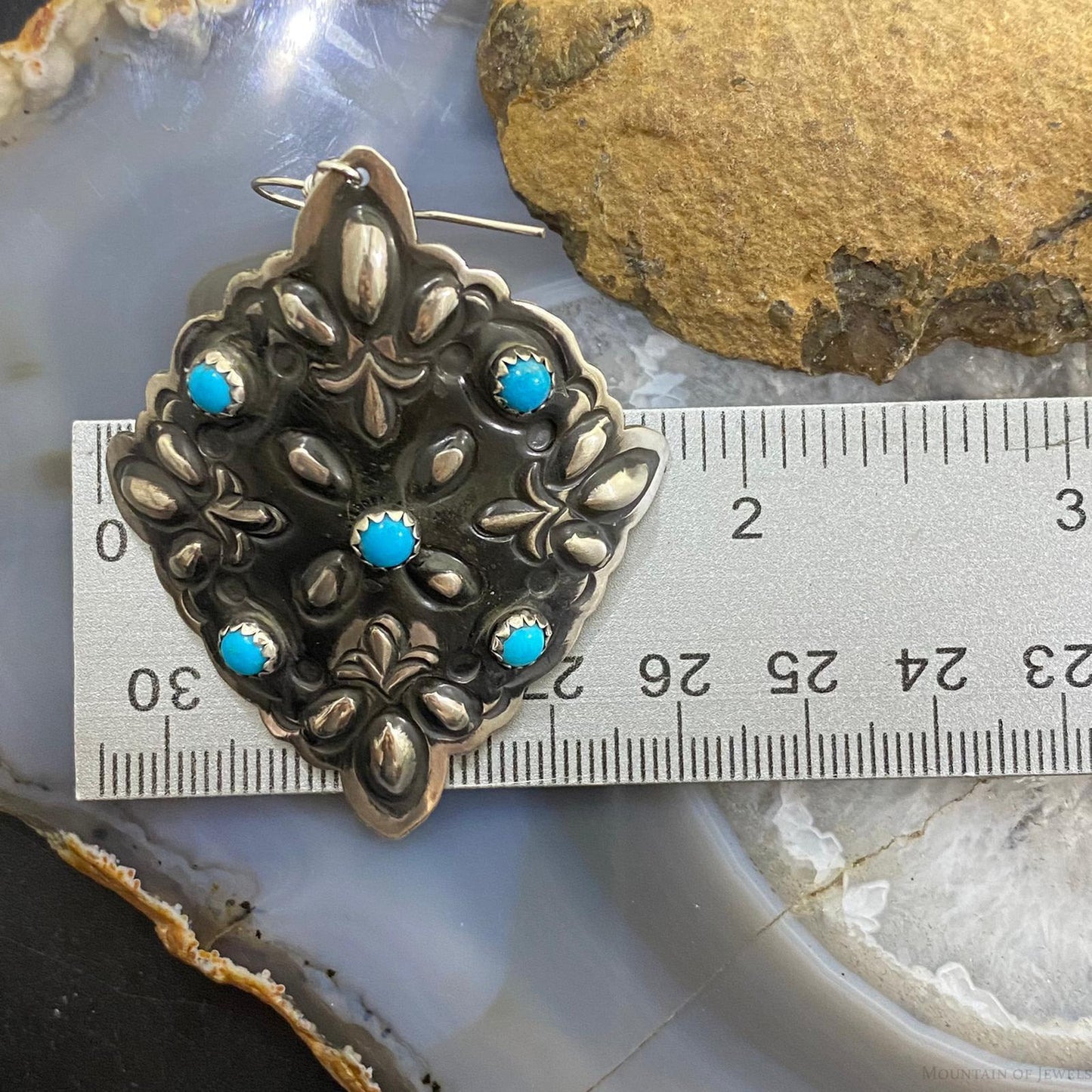 Leander Tahe Sterling Silver Turquoise Floral Repousse Square Concho Earrings