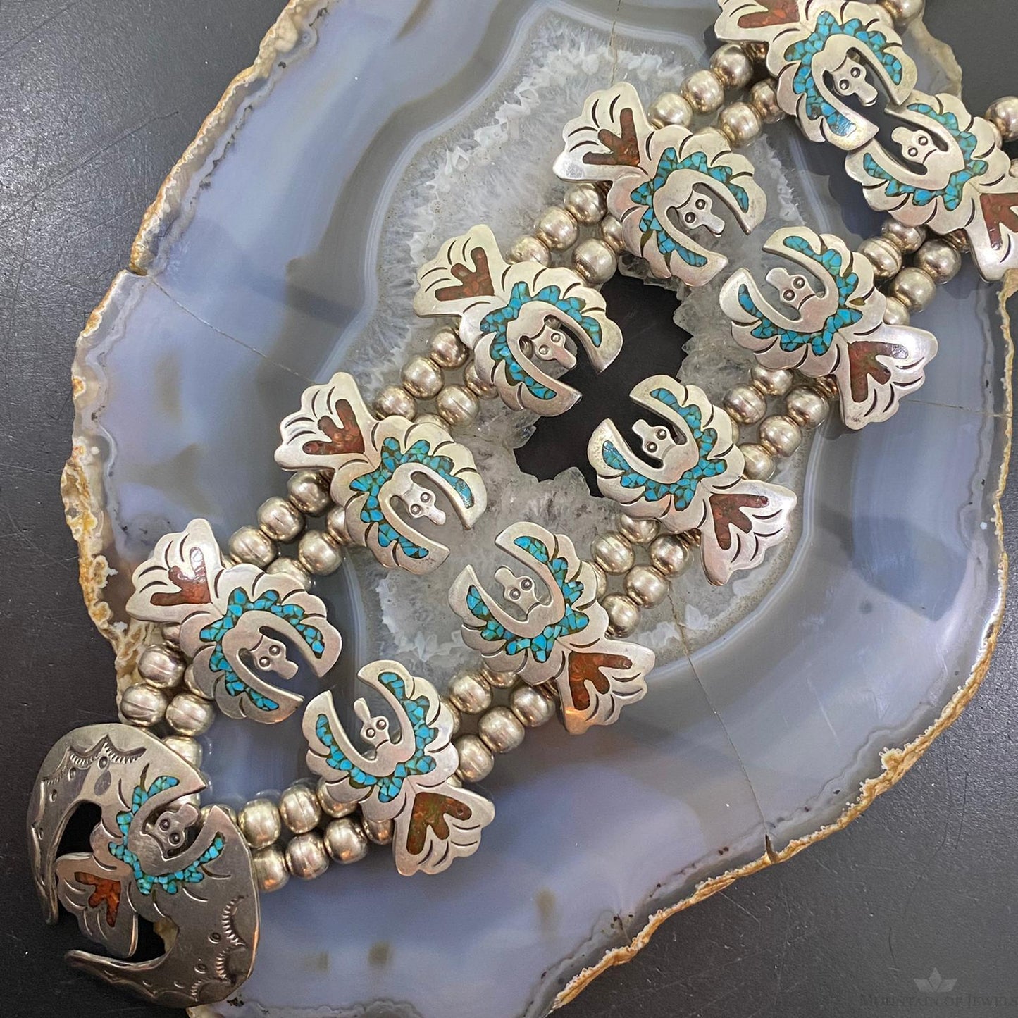 Vintage Native American Silver Chip Inlay Thunderbird Squash Blossom Necklace