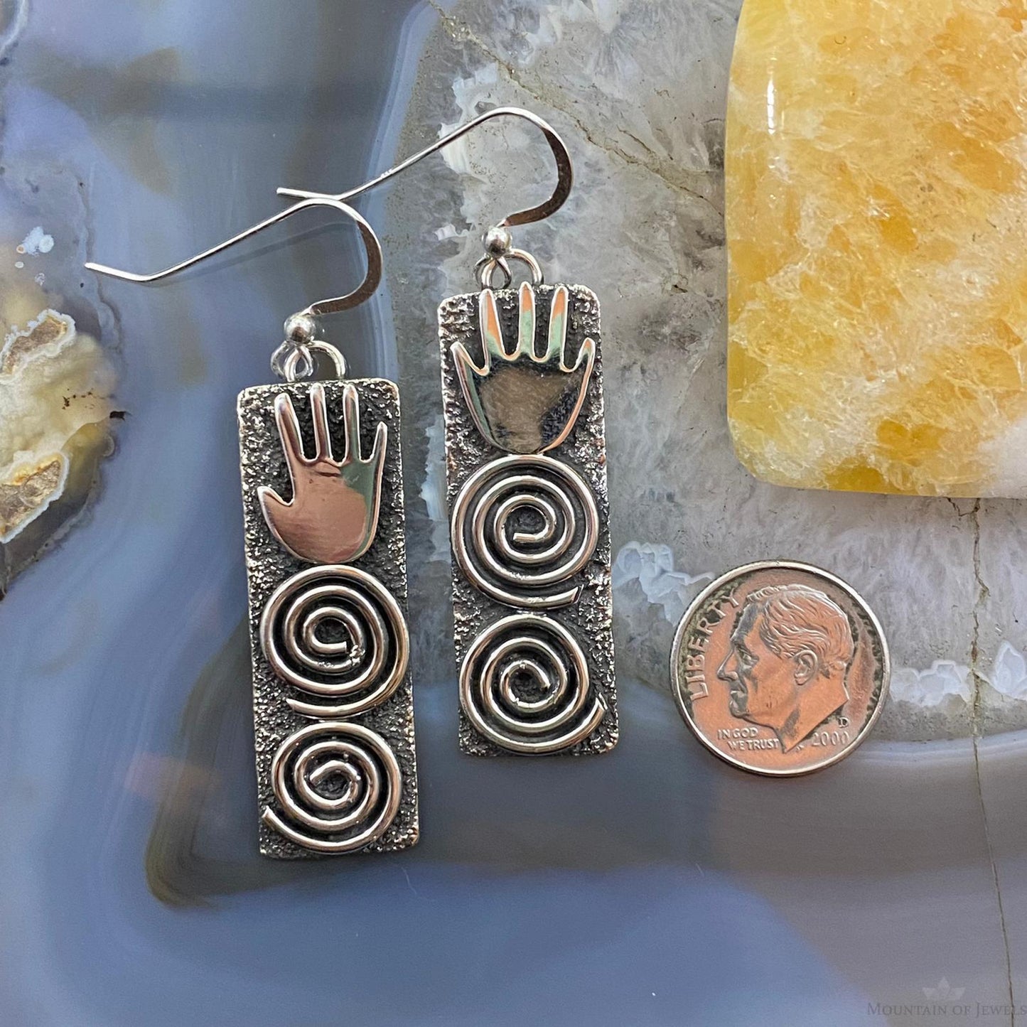 Alex Sanchez Native American Sterling Silver Long Rectangle Petroglyph Dangle Earrings For Women