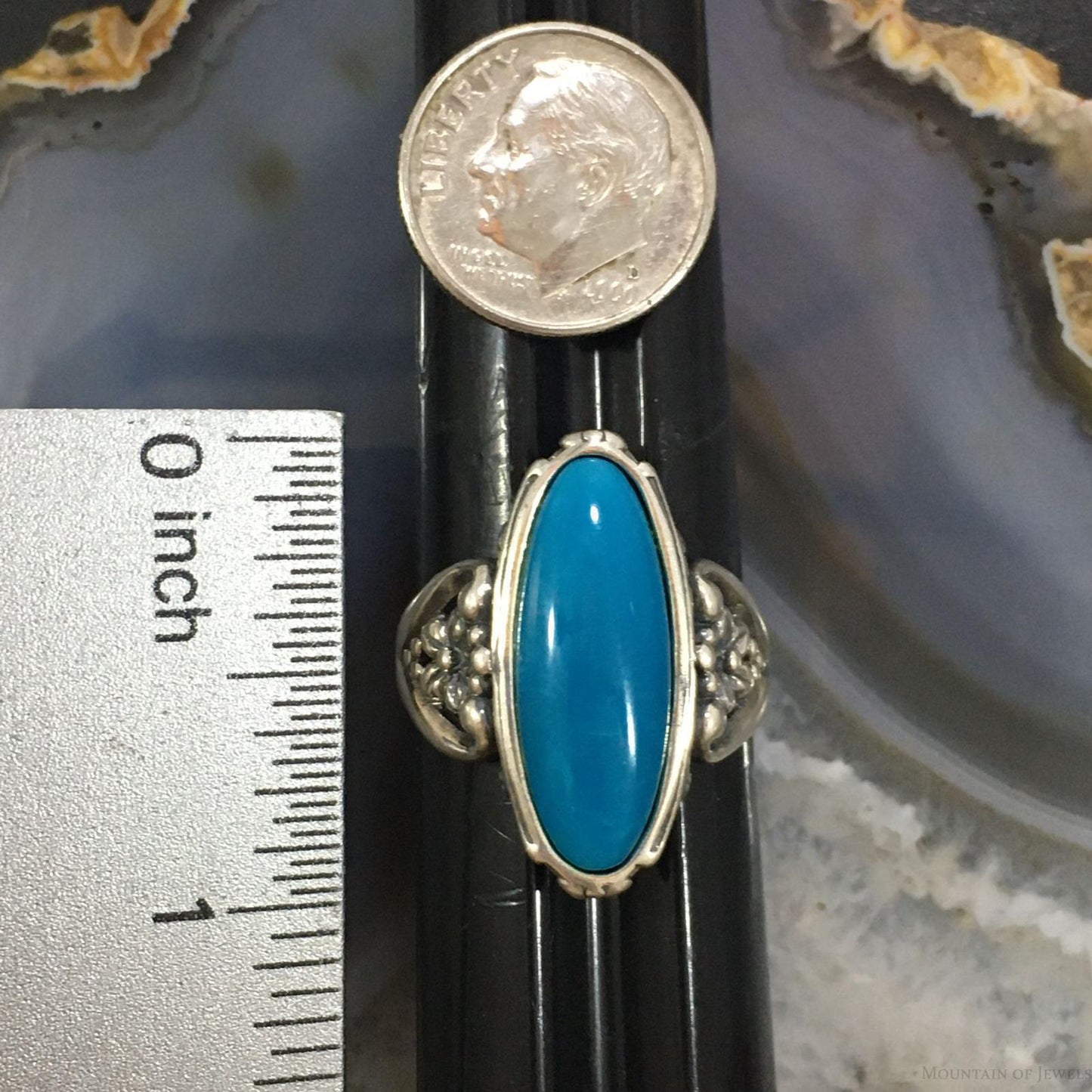 Carolyn Pollack Southwestern Style Sterling Silver Elongated Oval Turquoise Decorated Ring For Women