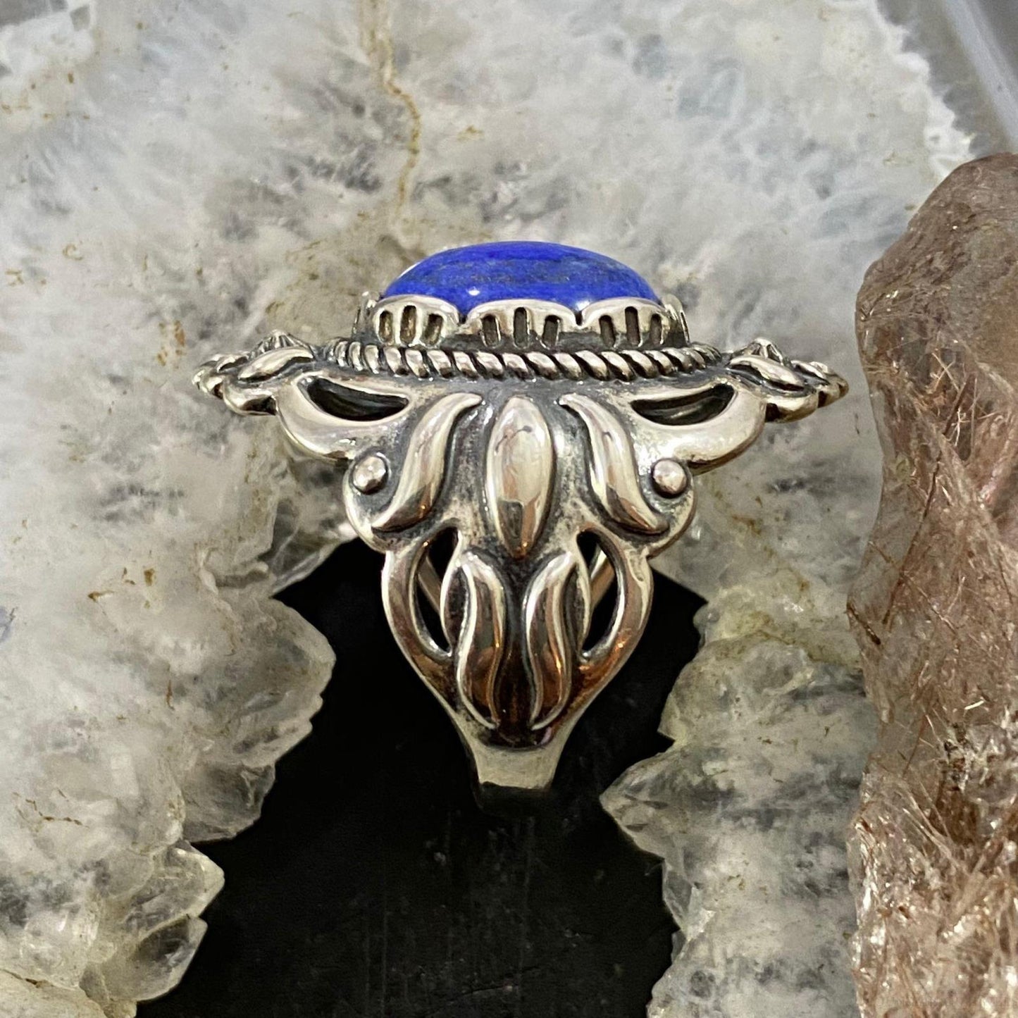 Carolyn Pollack Southwestern Style Sterling Silver Oval Denim Lapis Decorated Ring For Women
