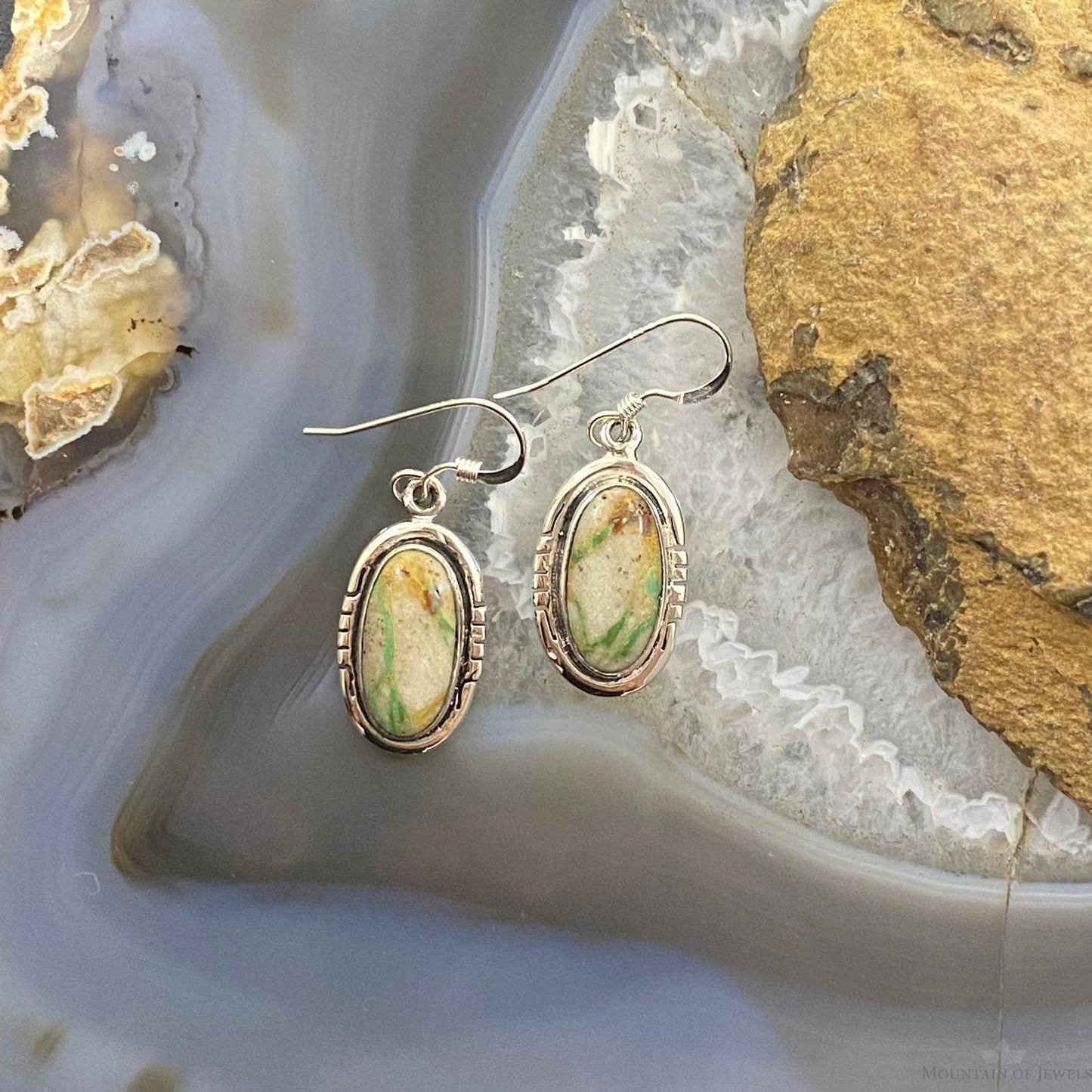 Native American Sterling Silver Oval Ribbon Boulder Turquoise Dangle Earrings