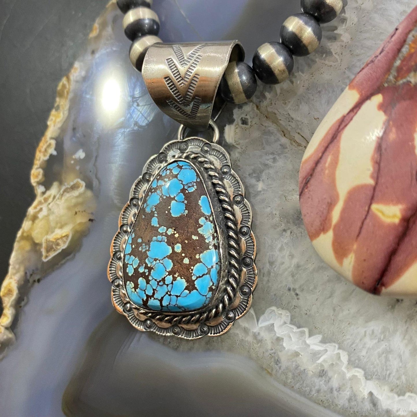 Gilbert Platero Sterling Teardrop Kingman Spiderweb Turquoise Decorated Pendant
