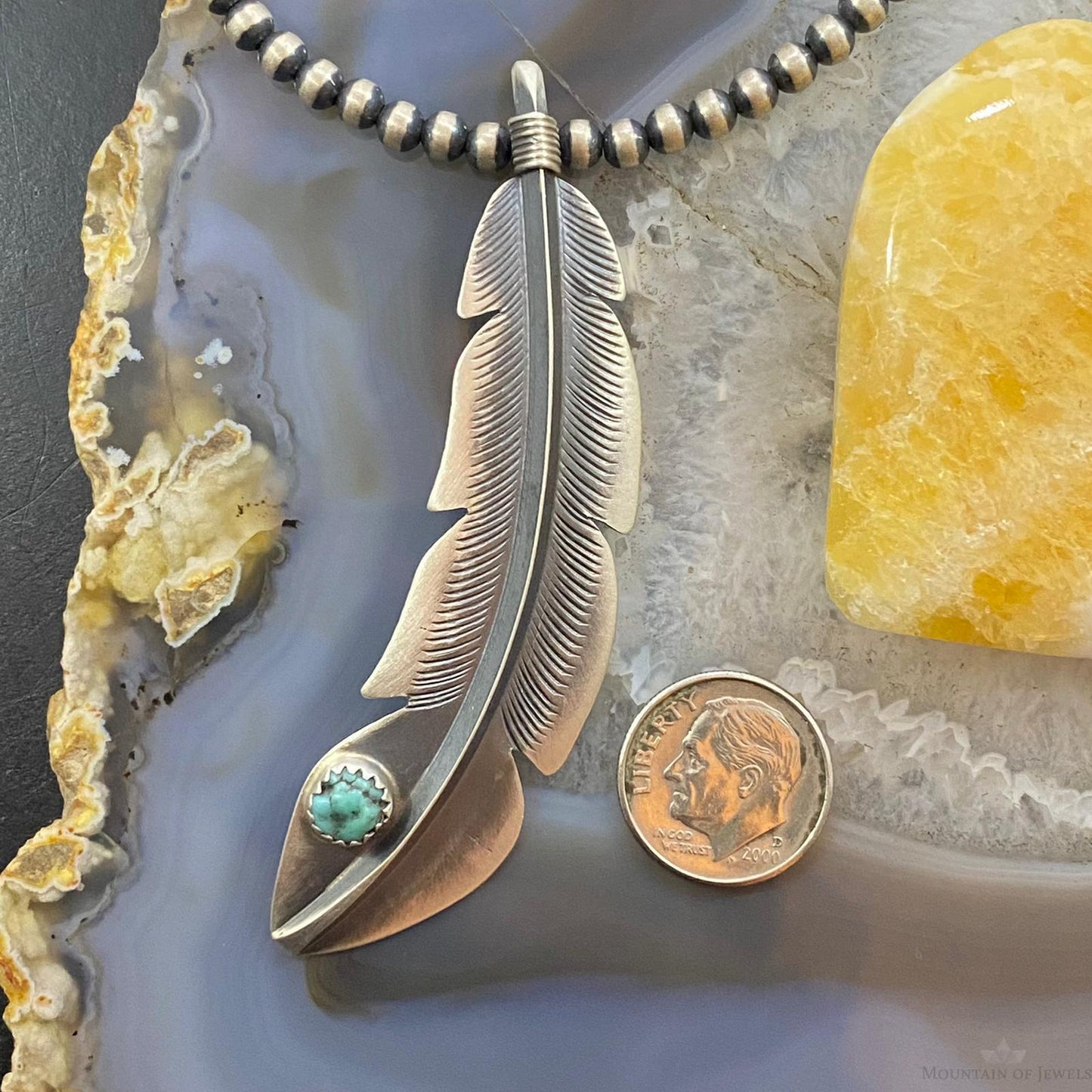 Billy Long Sterling Silver Oxidized Feather w/Turquoise Unisex Pendant Necklace