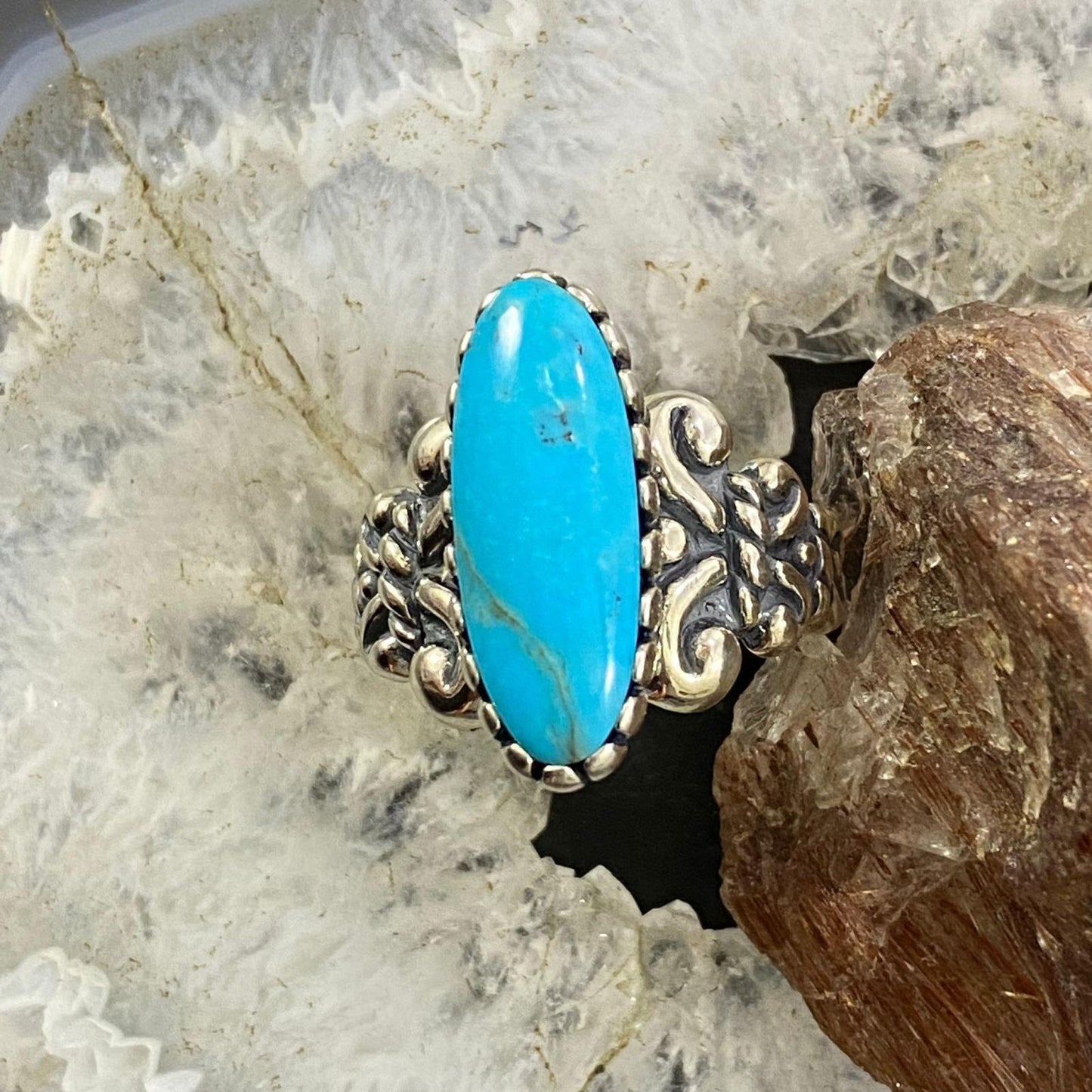 Carolyn Pollack Southwestern Style Sterling Silver Oval Blue Turquoise Decorated Ring For Women