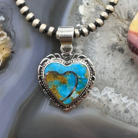 Native American Sterling Silver  Blue Ridge Turquoise Double Heart Pendant For Women #2