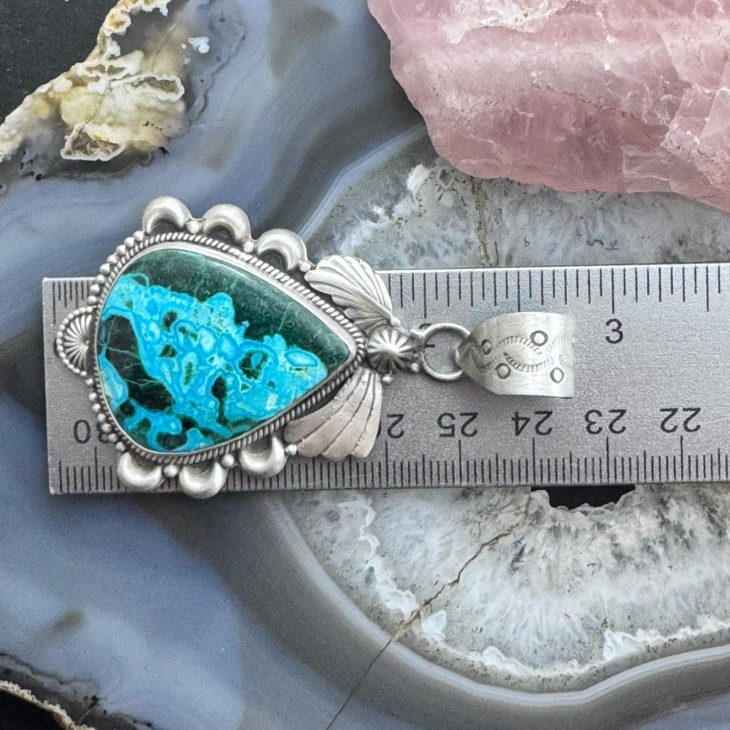 Sterling Silver Southwestern Style Large Teardrop Azurite Malachite Decorated Pendant For Women