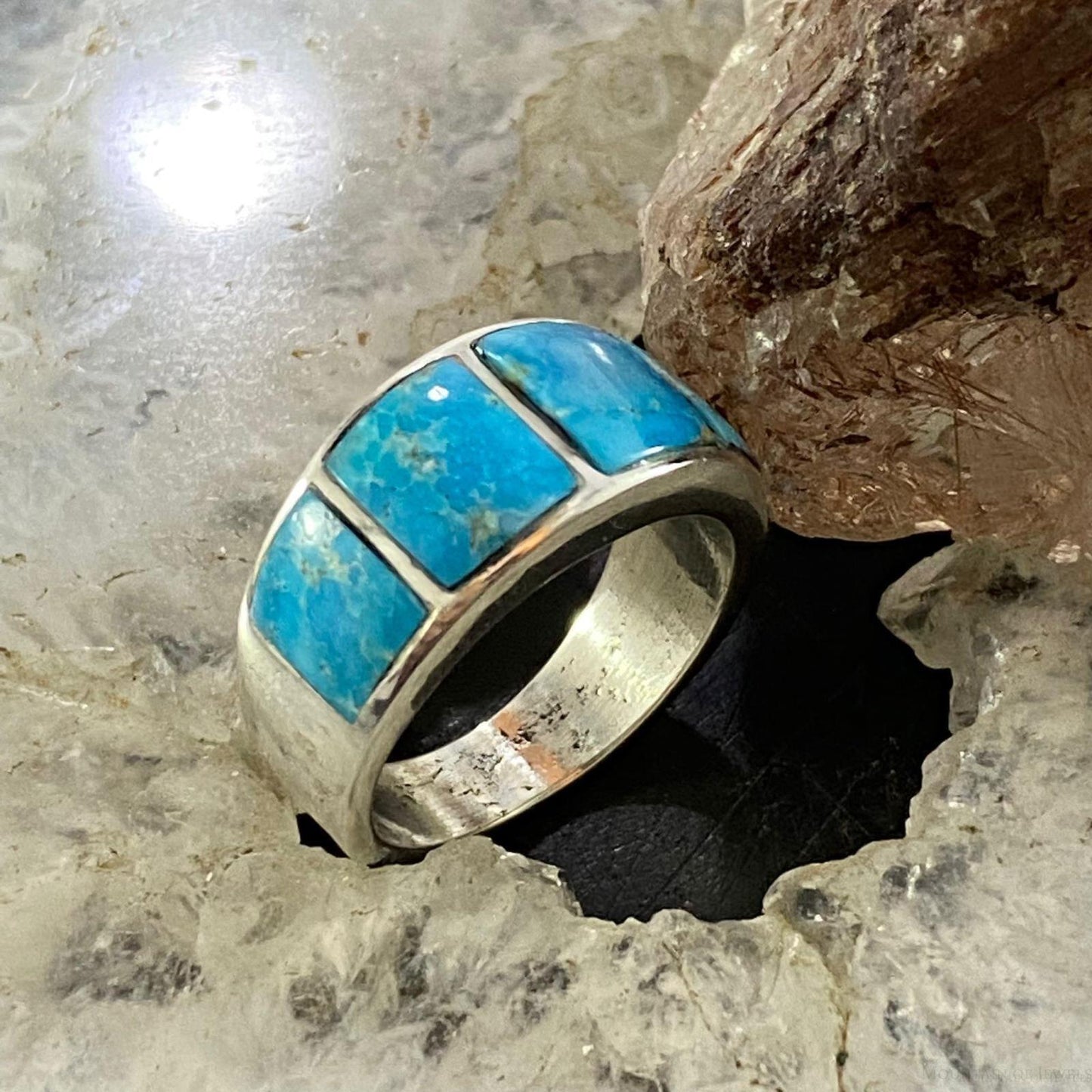 Native American Sterling Silver Blue Ridge Turquoise Graduated Band Ring Size 7