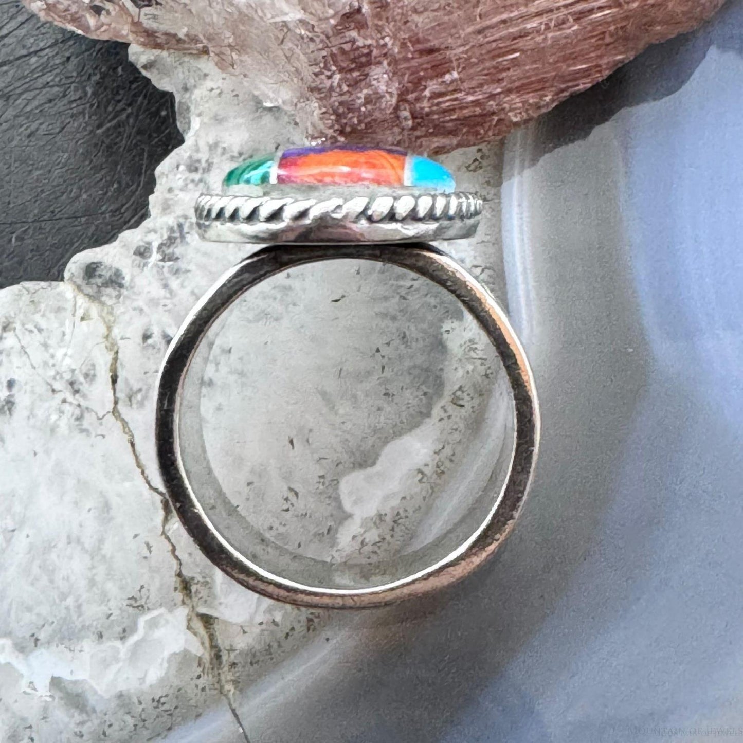 Carolyn Pollack Sterling Silver Oval Multistone Inlay Rug Design Ring Size 7.5 For Women
