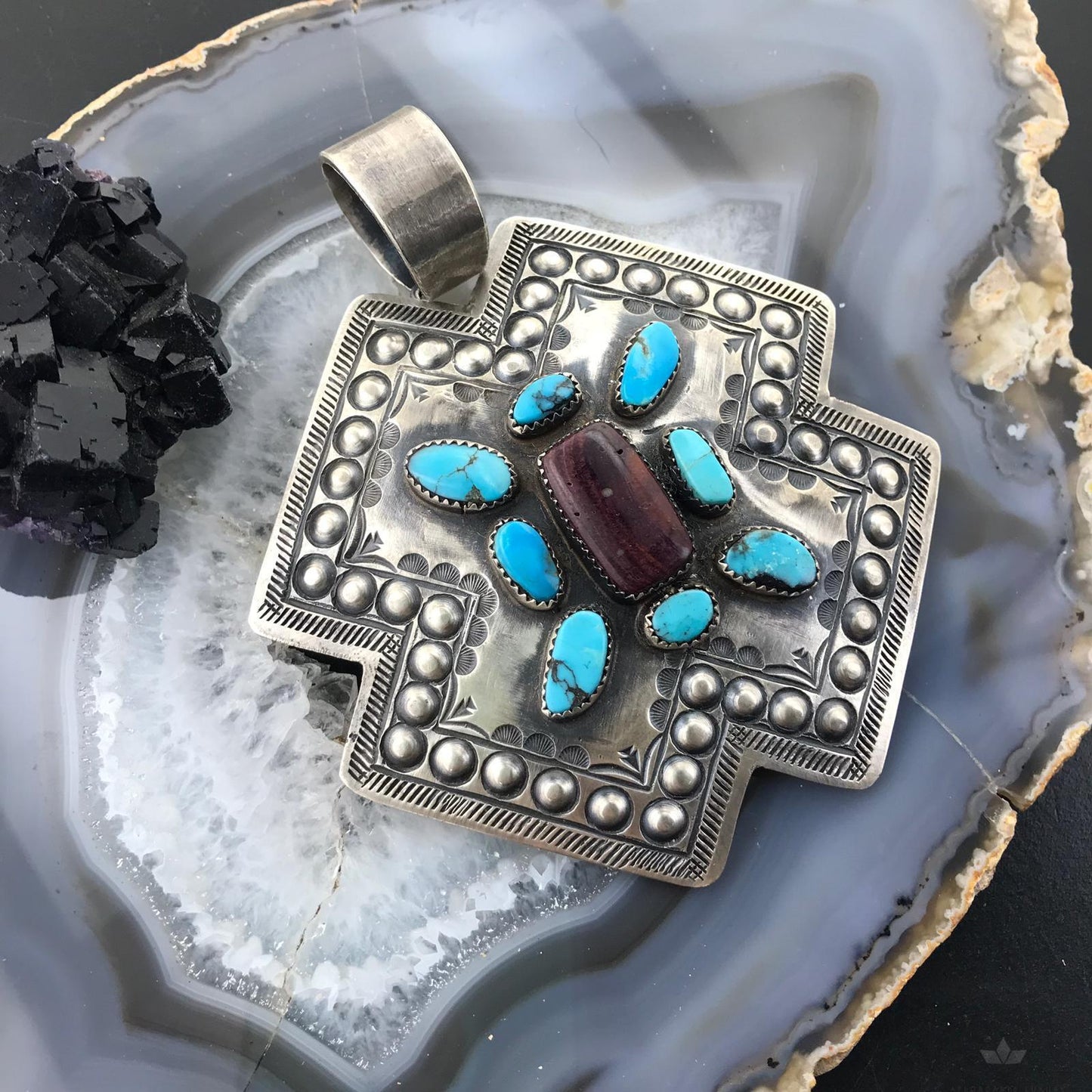 Shawn Cayatineto Native American Sterling Turquoise and Spiny Oyster Uni Pendant