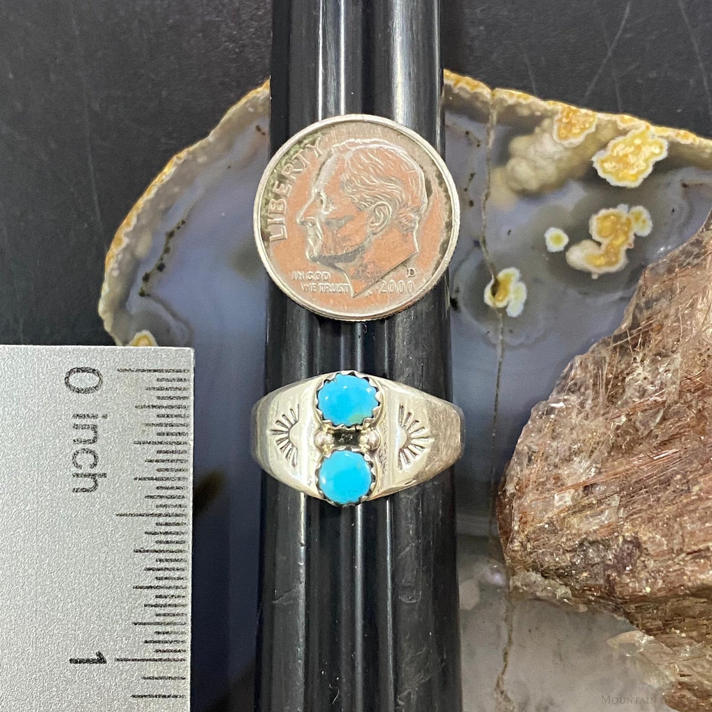 Native American Sterling Double Turquoise Decorated Ring Size 5/ 6.5 /7.5 / 8 For Women