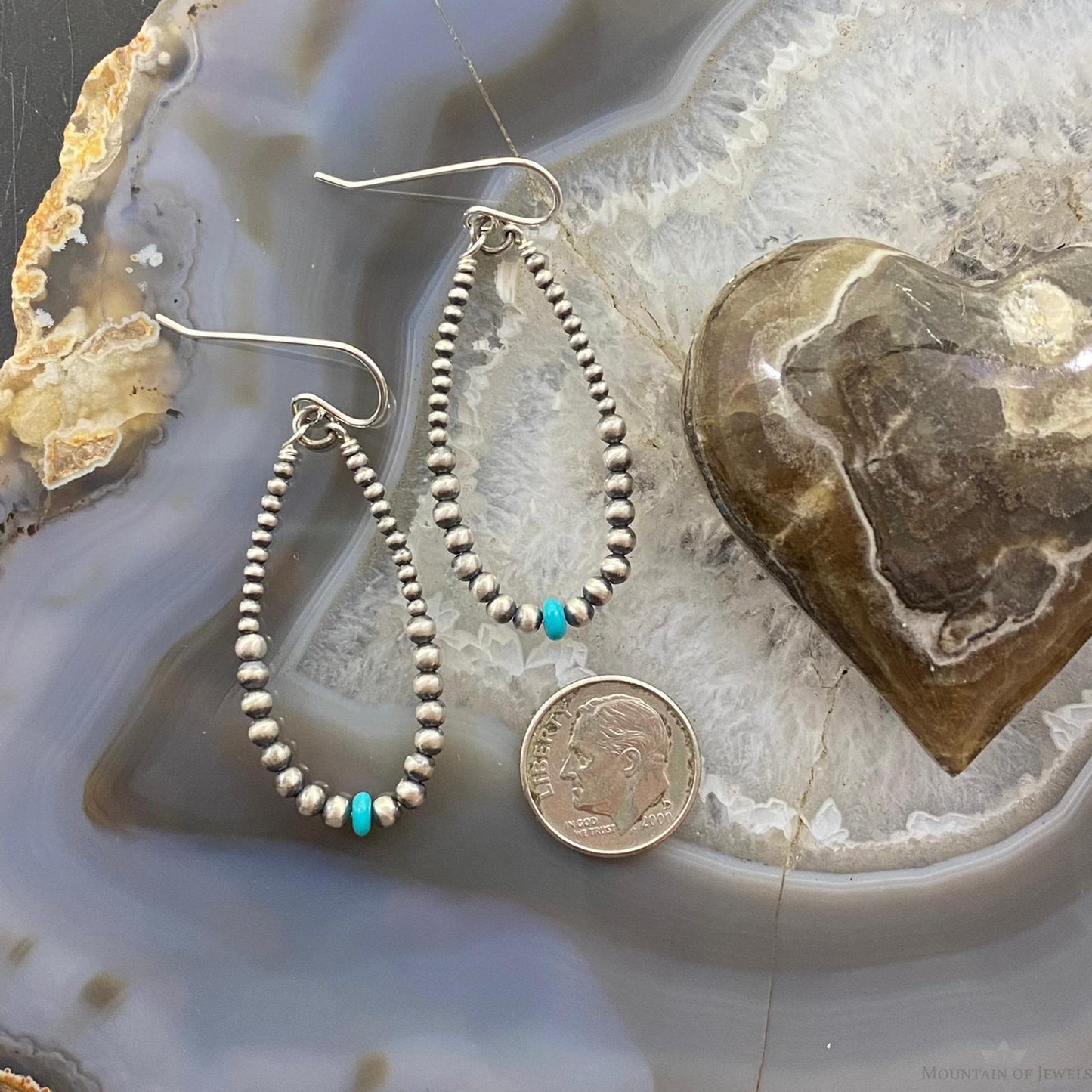Graduated Navajo Pearl Beads & Turquoise Sterling Silver Dangle Earrings