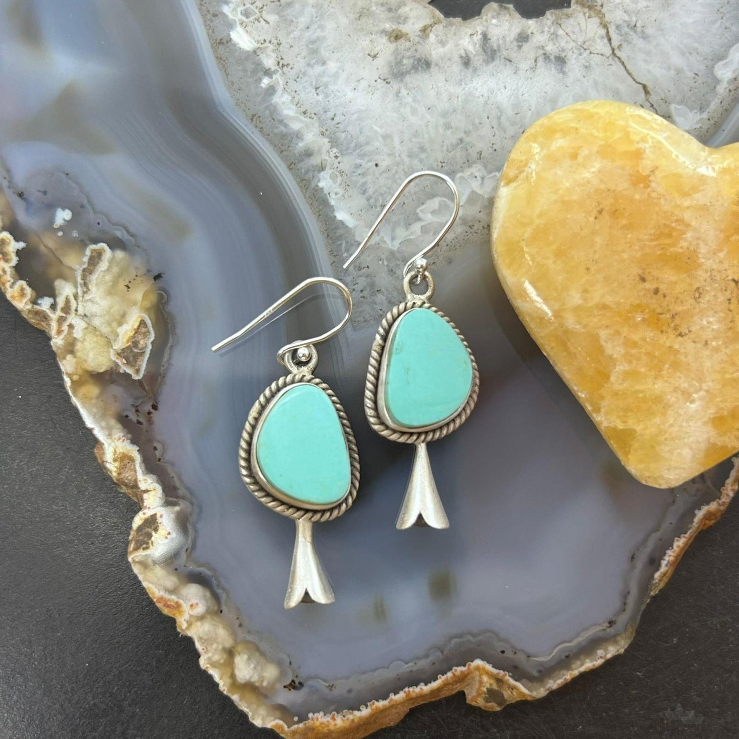 Sterling Silver Southwestern Style Turquoise Squash Blossom Dangle Earrings For Women #3