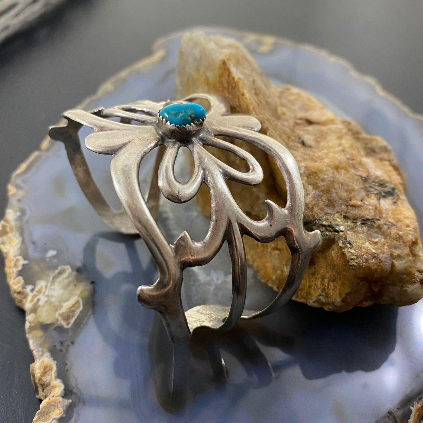 Vintage Native American Sterling Silver Turquoise Sand Cast Bracelet For Women