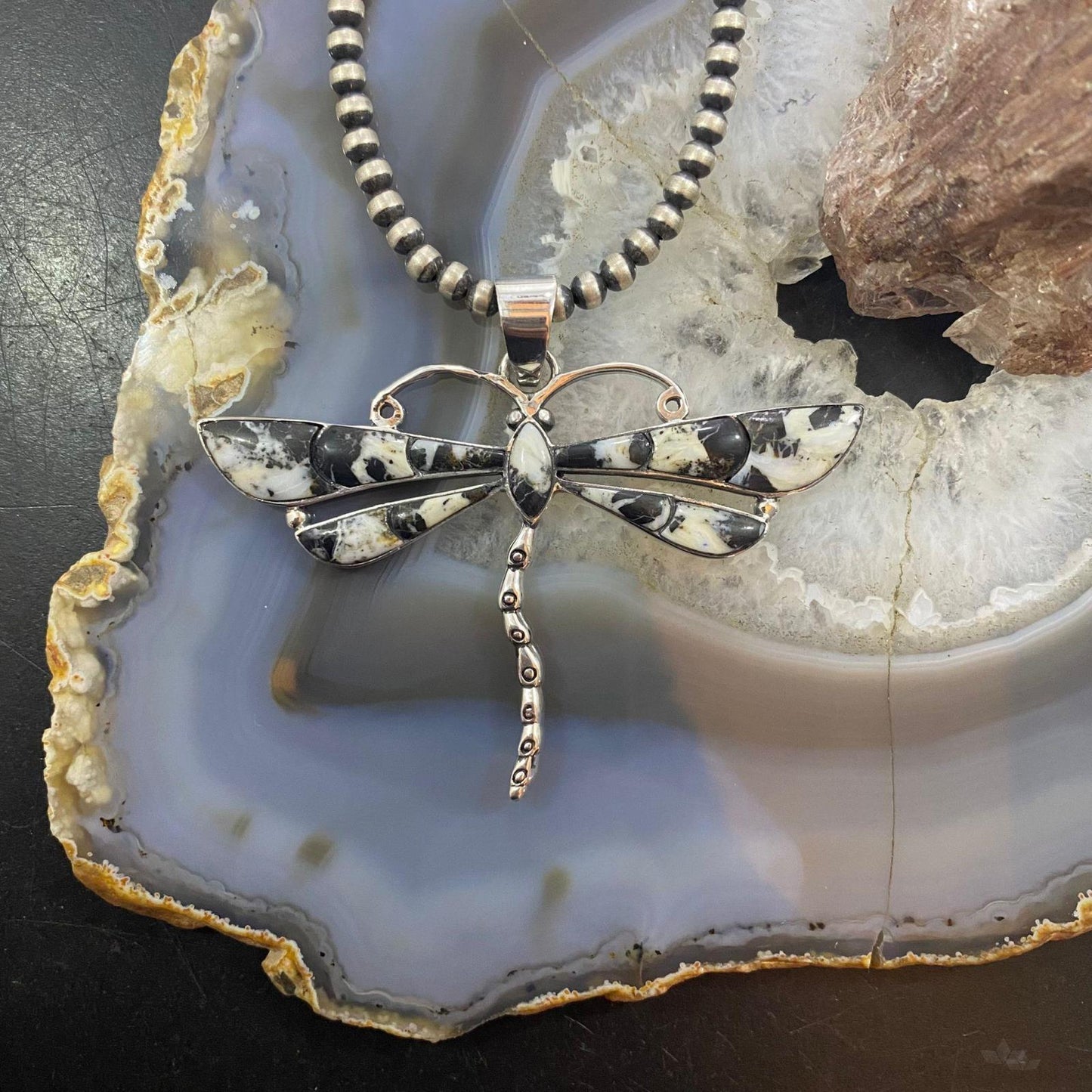 Native American Sterling Silver White Buffalo Inlay Dragonfly Pendant For Women