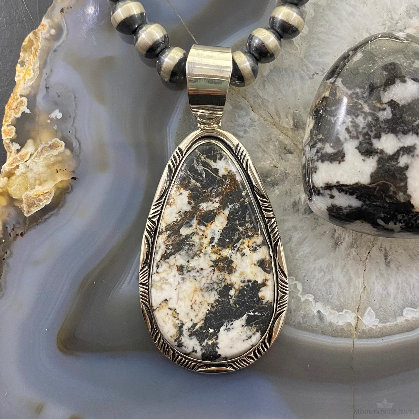 Native American Teardrop White Buffalo Sterling Silver Unisex Pendant