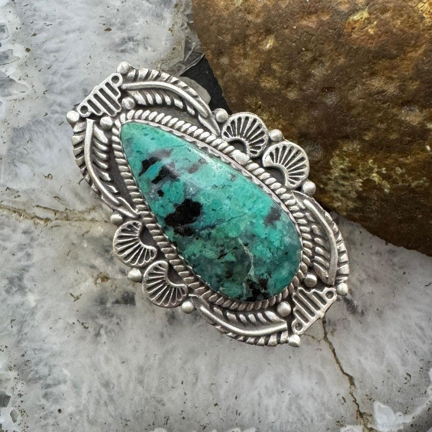 Sterling Silver Southwestern Style Teardrop Turquoise Decorated Adjustable Ring For Women