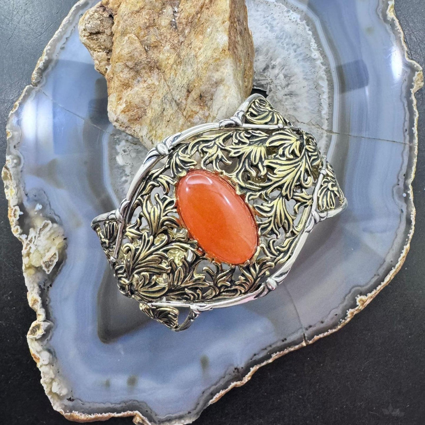 Carolyn Pollack Sterling Silver & Brass Oval Carnelian Decorated Bracelet For Women