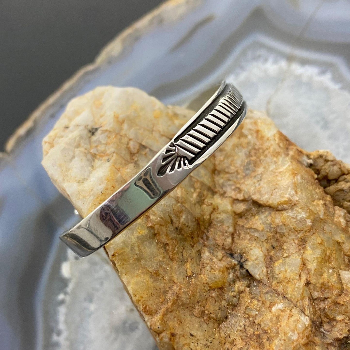 Bruce Morgan Native American Sterling Silver Diagonal Stripe Slim Cuff For Women