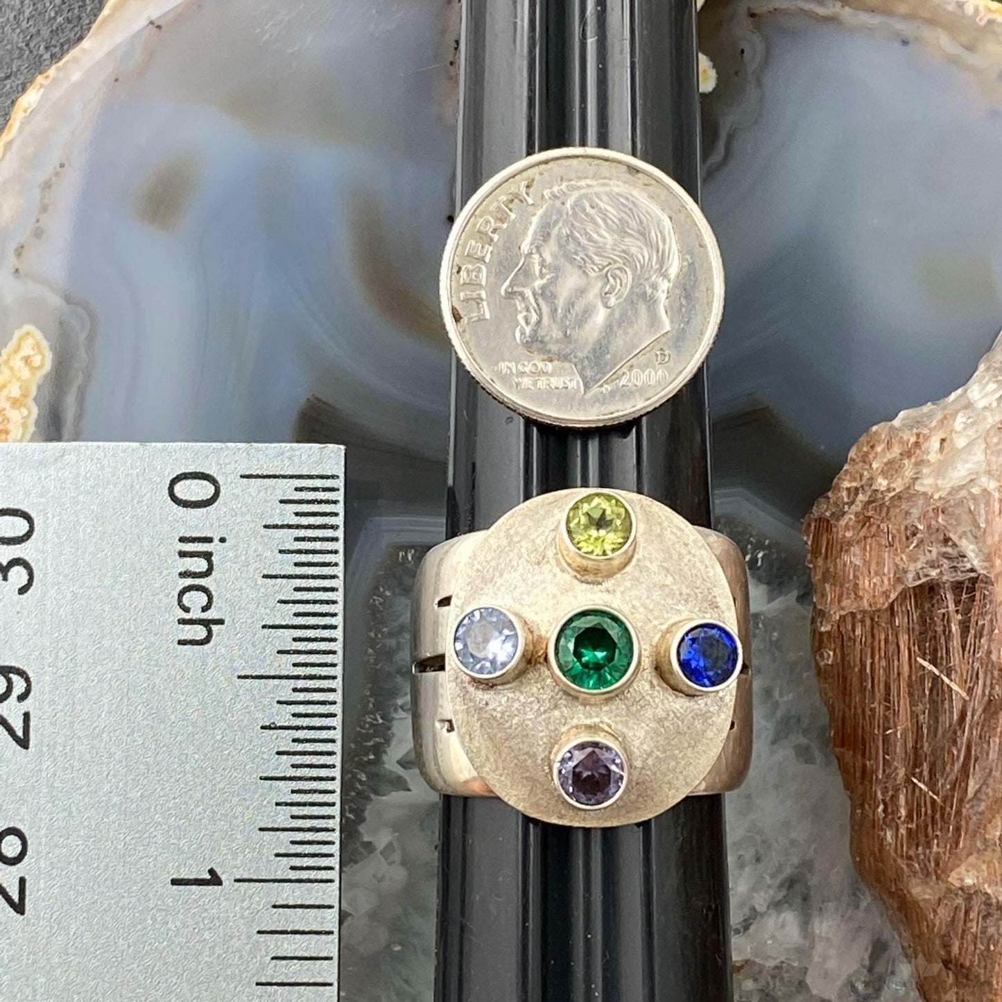 Sterling Silver Ring Size 7.5 with 5 Different Gems Wide Band Ring