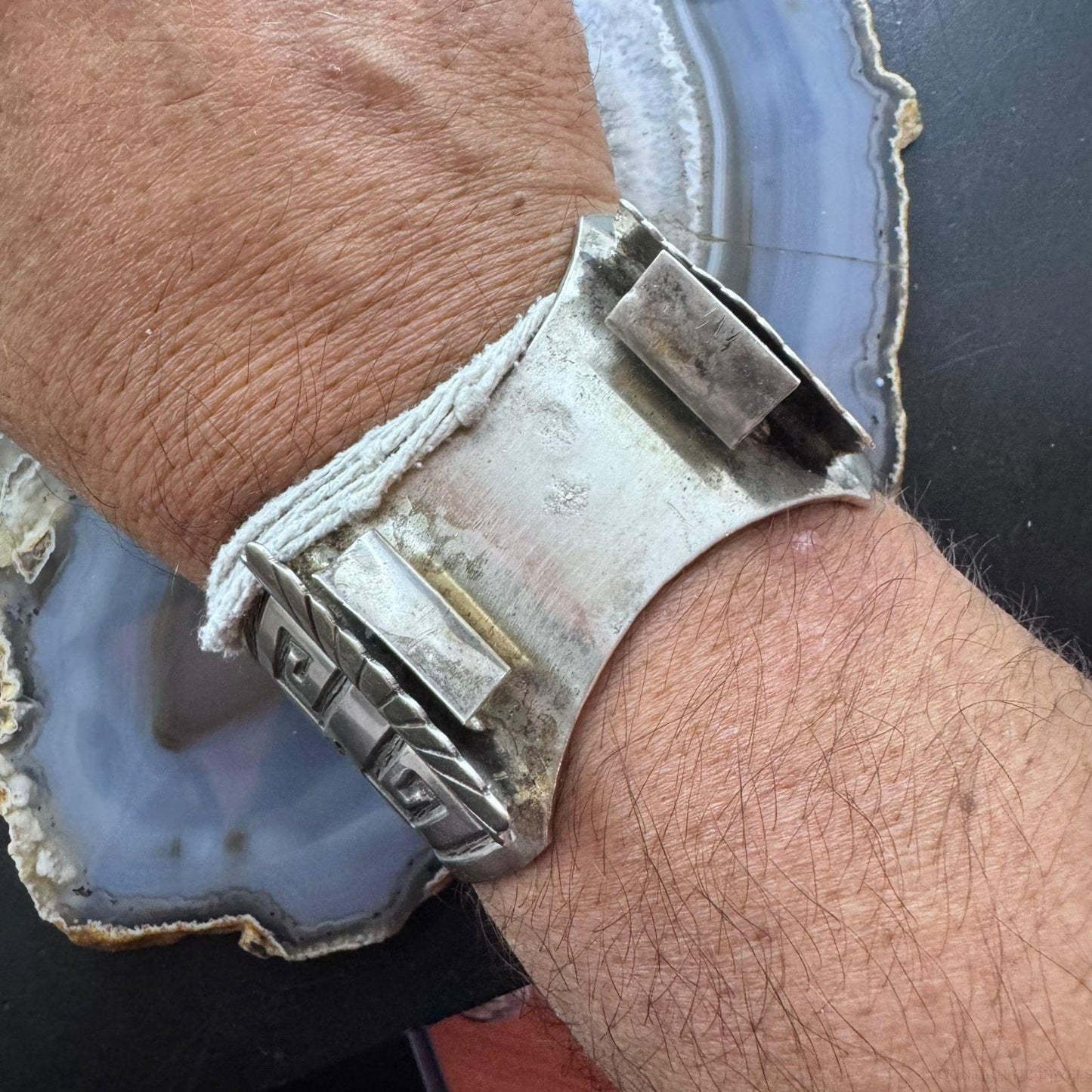 Vintage Signed Native American Silver Hopi Overlay Cornstalk Watch Cuff For Men