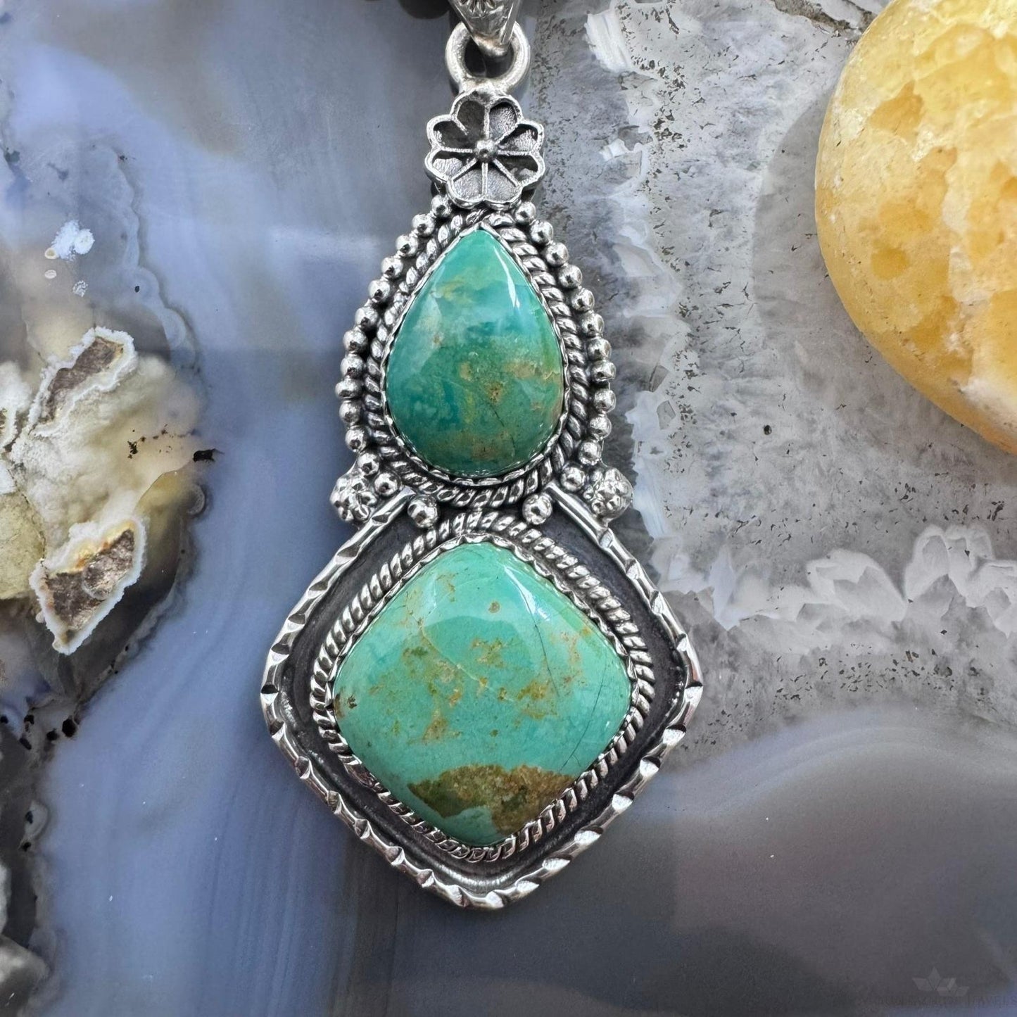 Sterling Silver Southwestern Style 2 Turquoise Decorated Pendant For Women