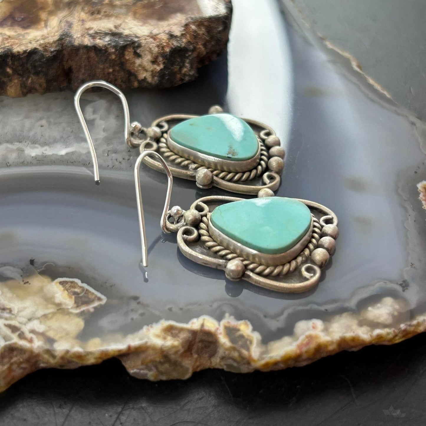 Sterling Silver Southwestern Style Turquoise Decorated Dangle Earrings For Women #1