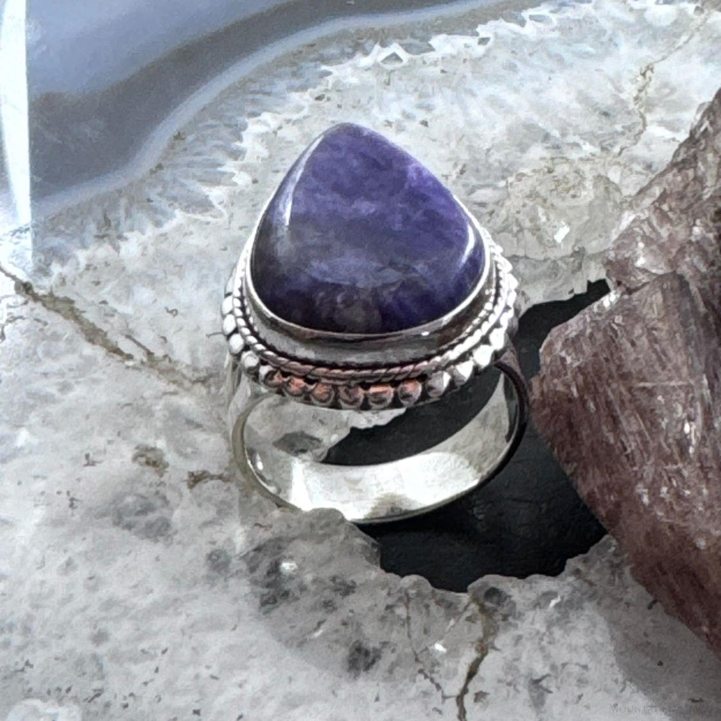 Sterling Silver Southwestern Style Teardrop Charoite Decorated Ring Size 9.5 For Women