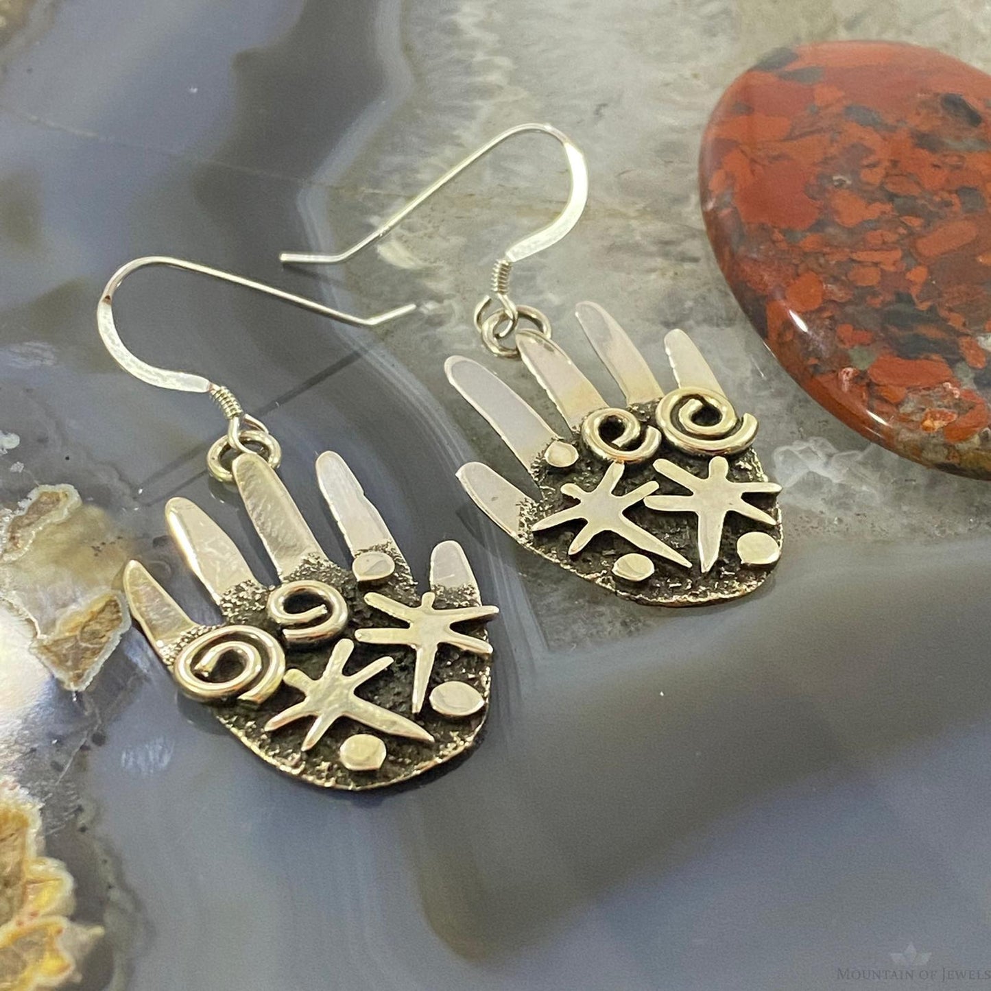 Alex Sanchez Native American Sterling Silver Ancestors Hand Petroglyph Dangle Earrings For Women #1