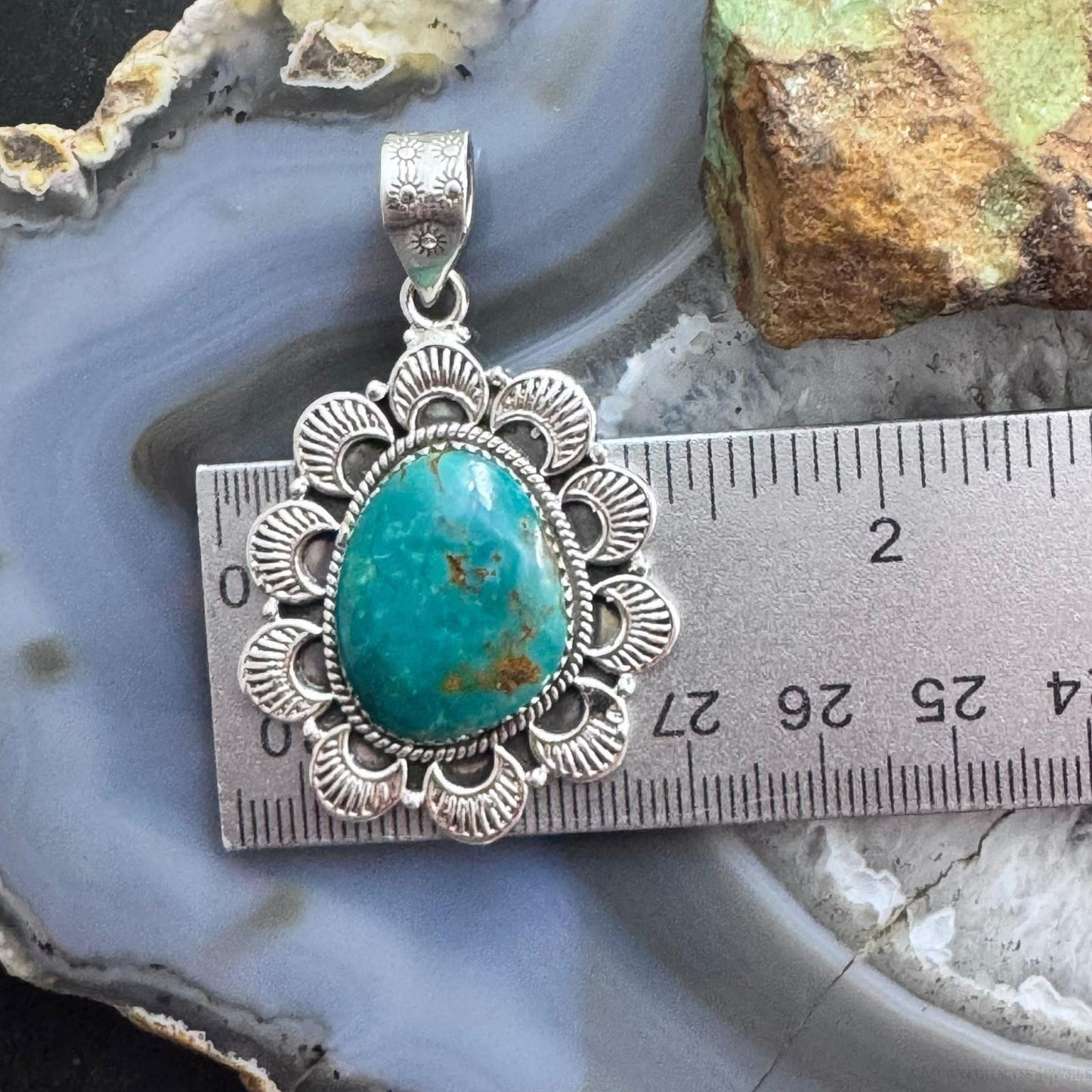 Sterling Silver Southwestern Style Large Turquoise Decorated Pendant For Women