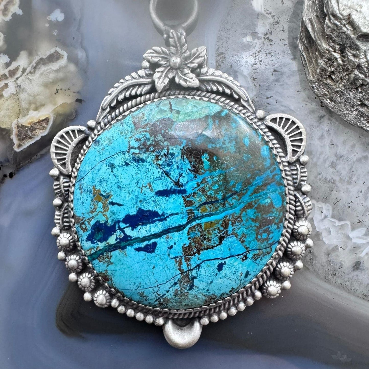 Sterling Silver Southwestern Style Large Round Chrysocolla Decorated Pendant For Women