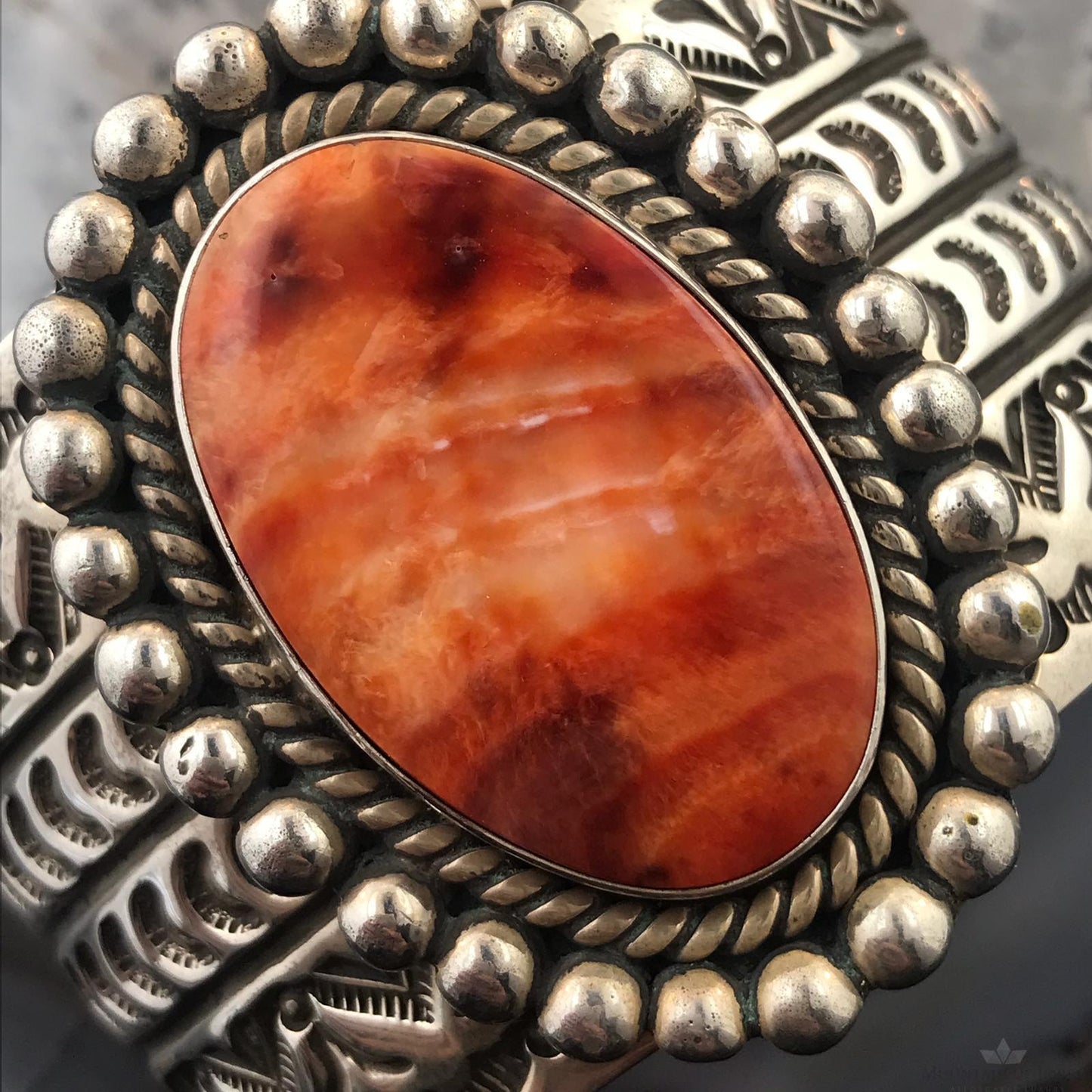 Elroy Chavez Native American Sterling Oval Spiny Oyster Stamped Heavy Bracelet