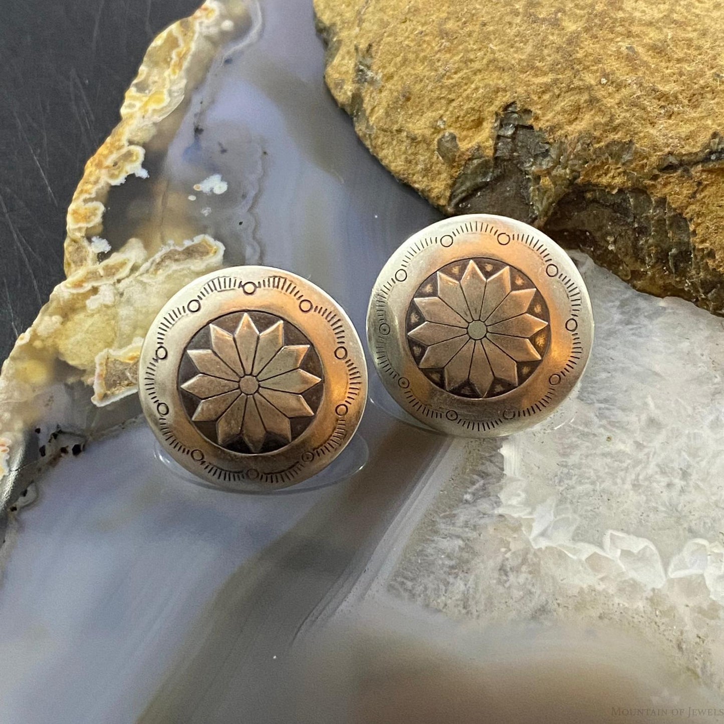 Native American Sterling Round Stamped Floral Concho Stud Earrings For Women