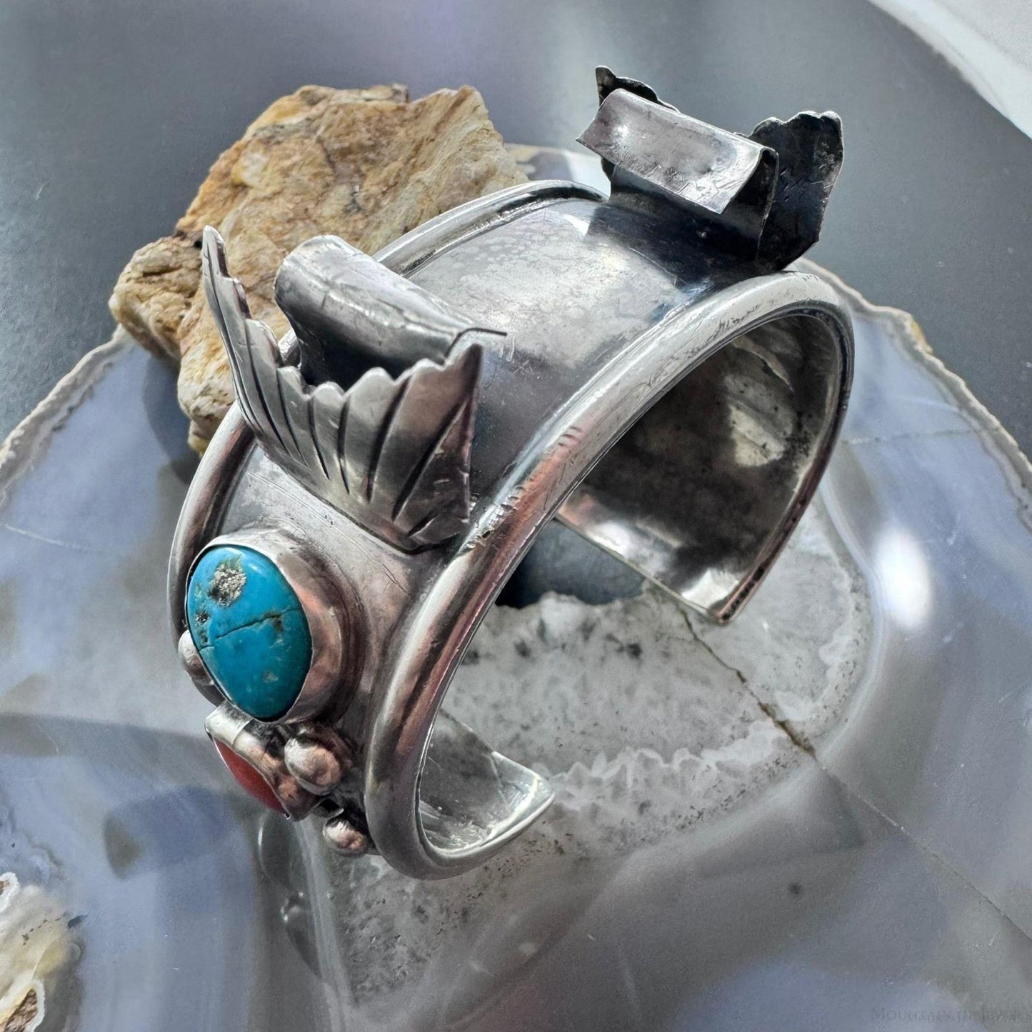 Roy Vandever Vintage Silver 2 Turquoise & 2 Coral Decorated Watch Cuff For Women