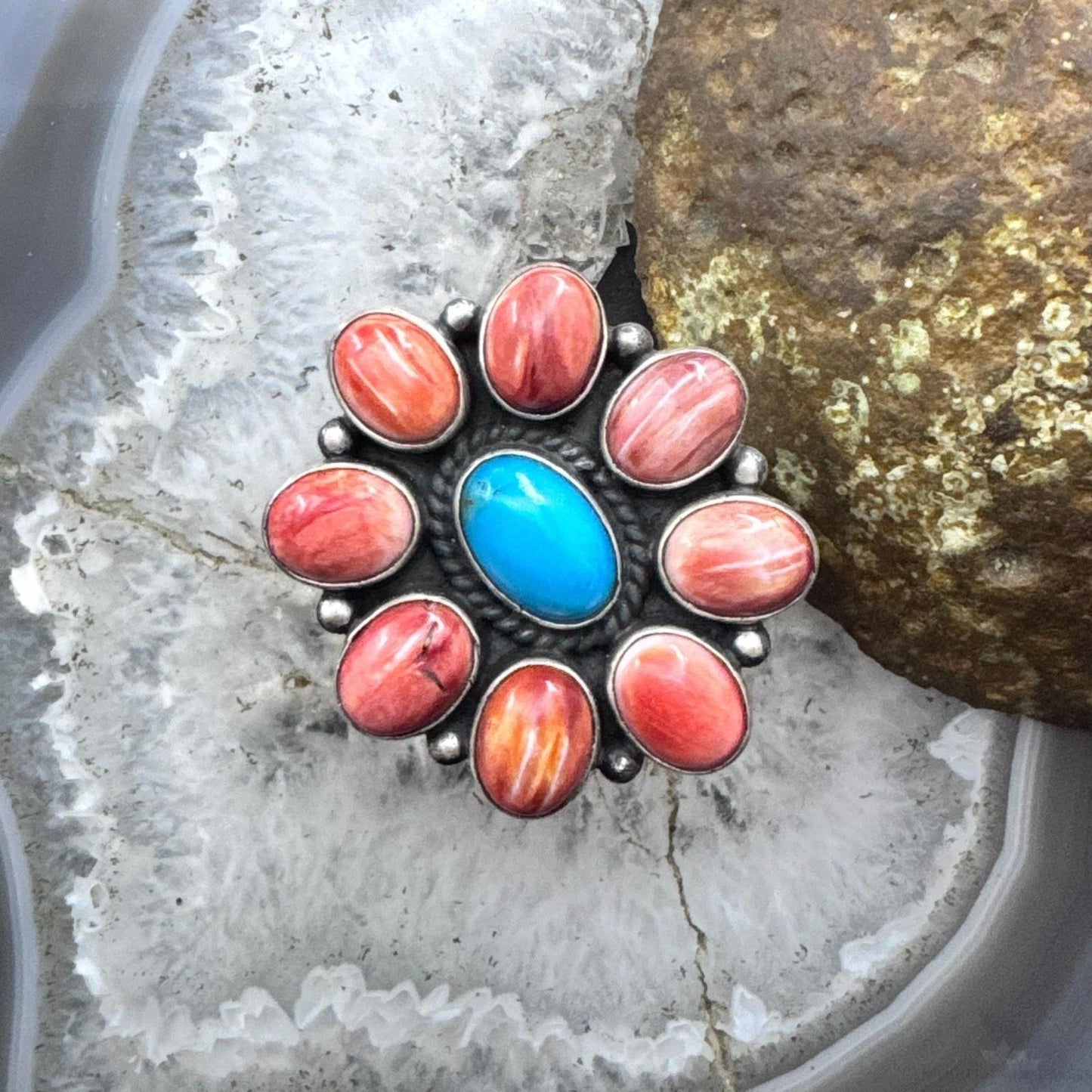 Native American Sterling Silver Turquoise &Spiny Oyster Adjustable Cluster Ring For Women