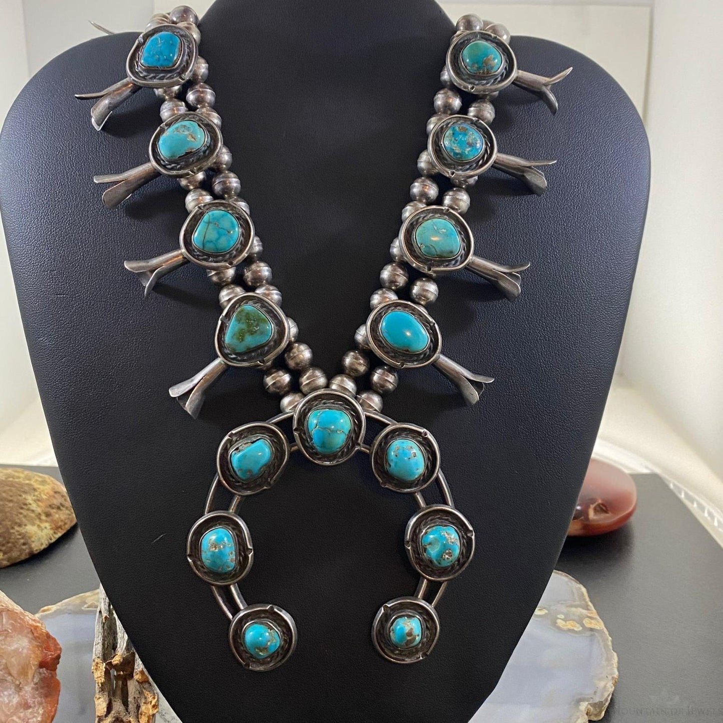 Antique Native American Silver Turquoise Squash Blossom Necklace For Women