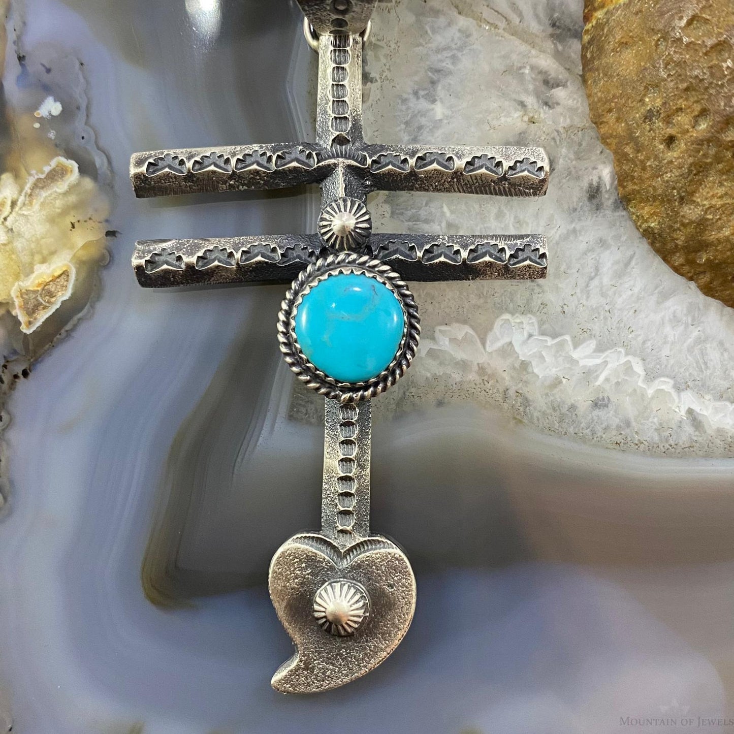 Kevin Billah Native American Sterling Silver Turquoise Native Cross w/Heart Unisex Pendant