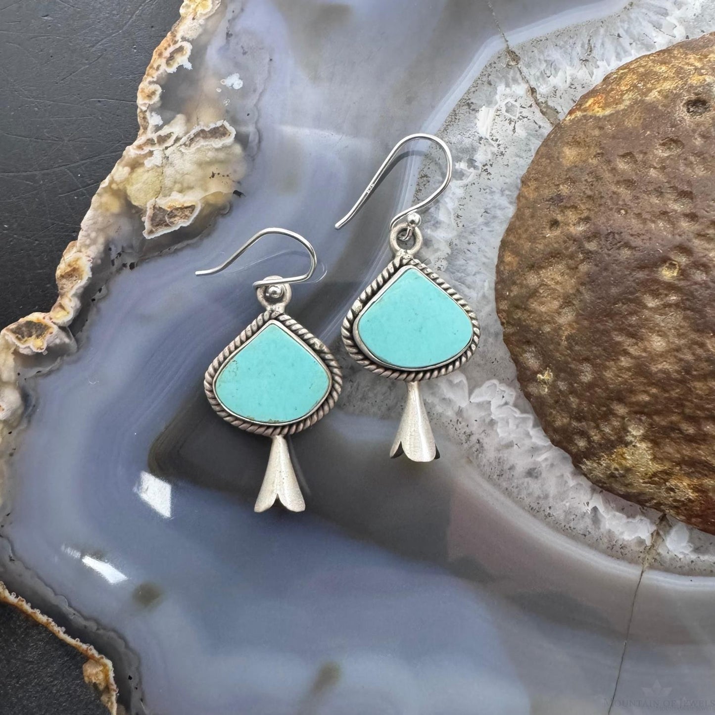 Sterling Silver Southwestern Style Turquoise Squash Blossom Dangle Earrings For Women