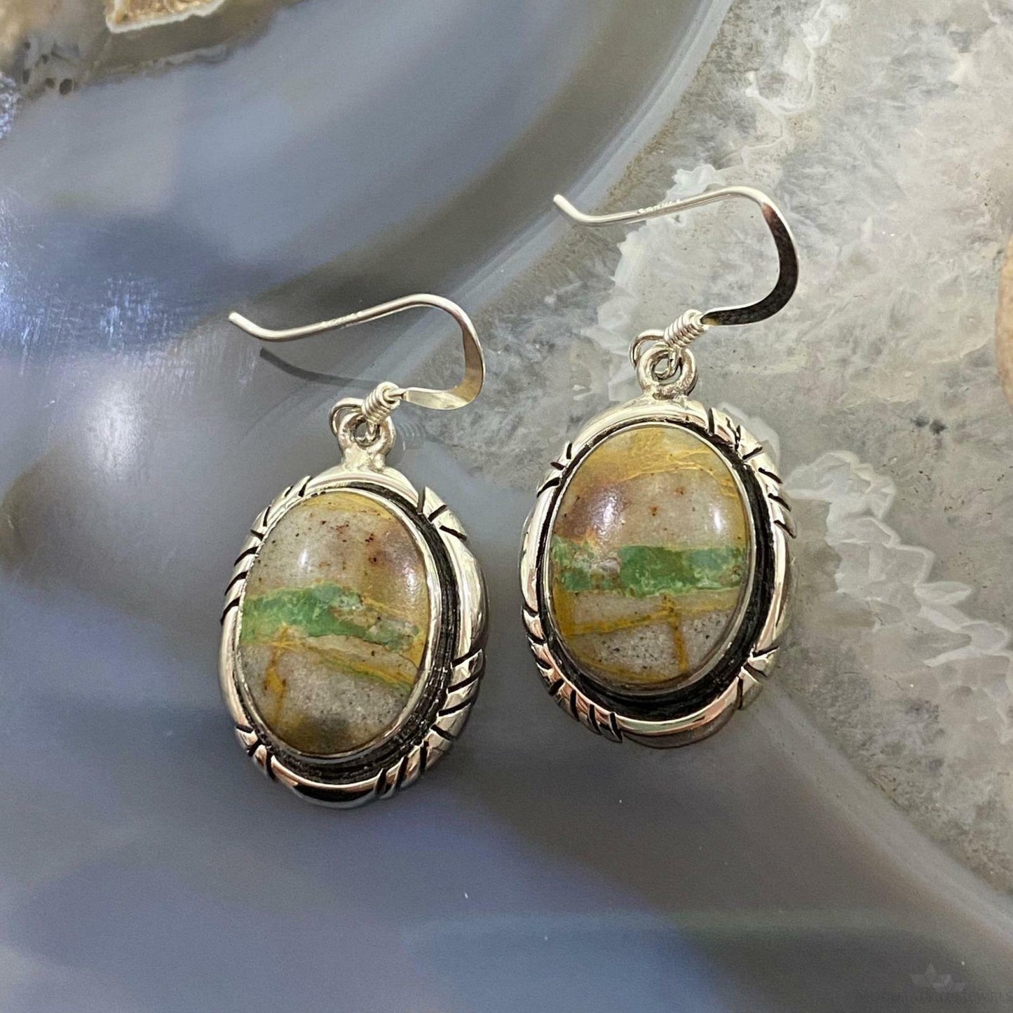 Native American Sterling Silver Oval Boulder Ribbon Turquoise Dangle Earrings