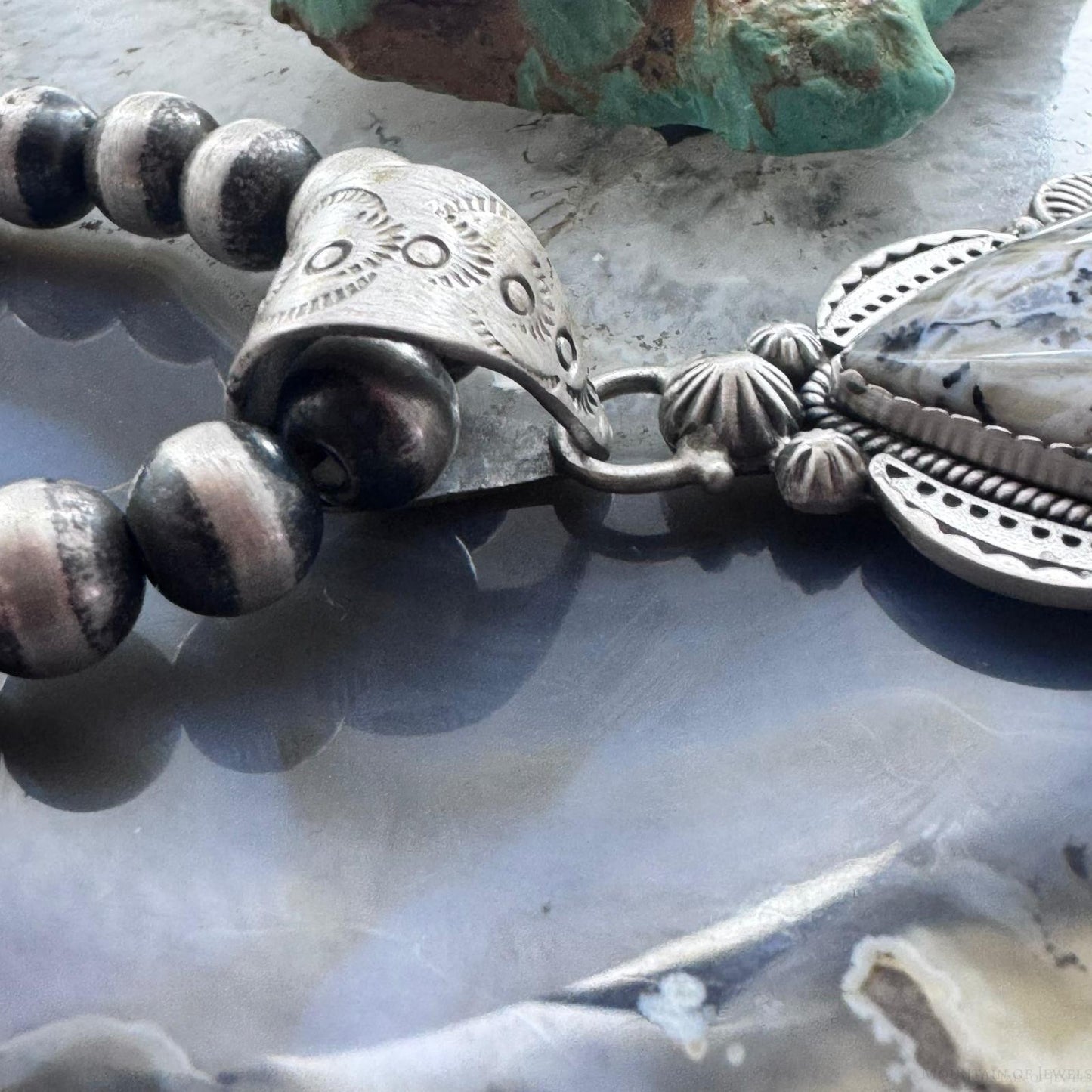 Sterling Silver Southwestern Style Wide Teardrop Dendritic Agate Decorated Pendant For Women