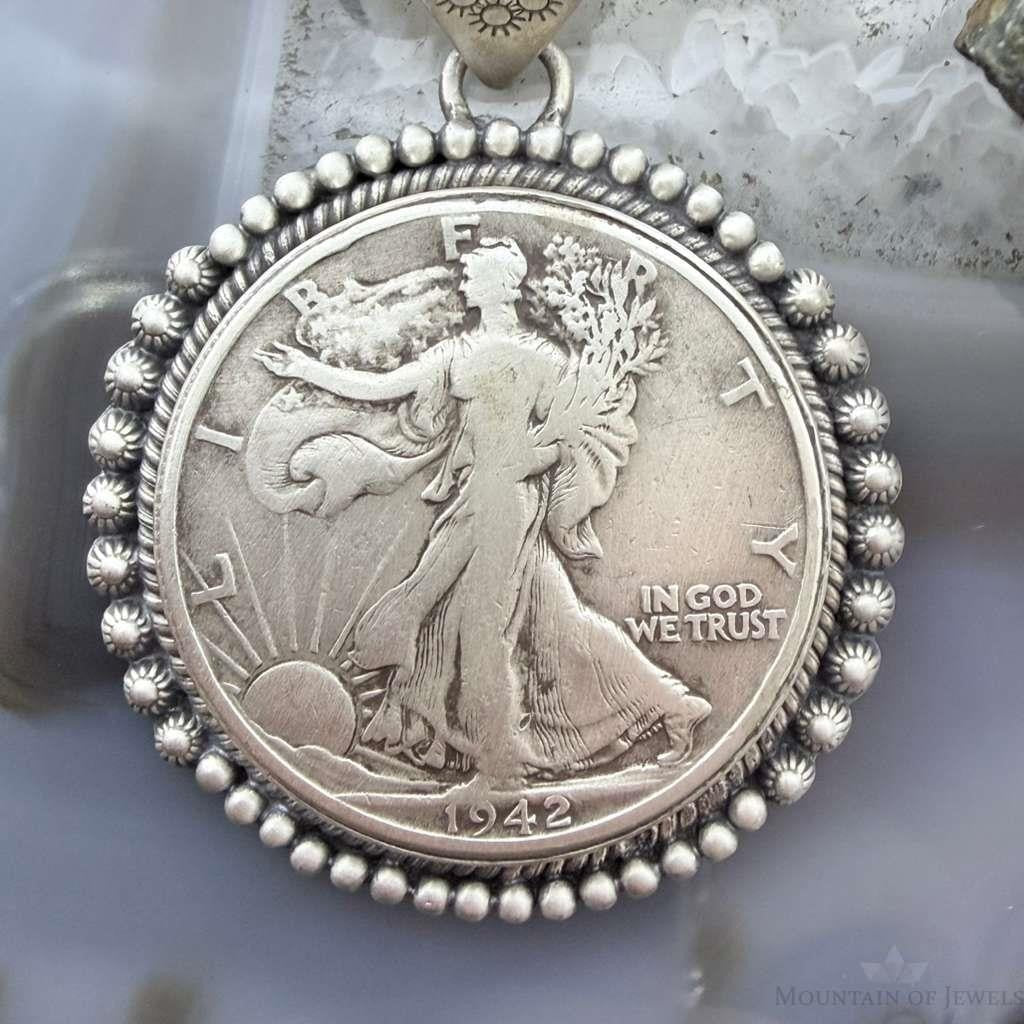 Genuine 90% Silver 1942 US Walking Liberty Half Dollar Decorated Unisex Pendant
