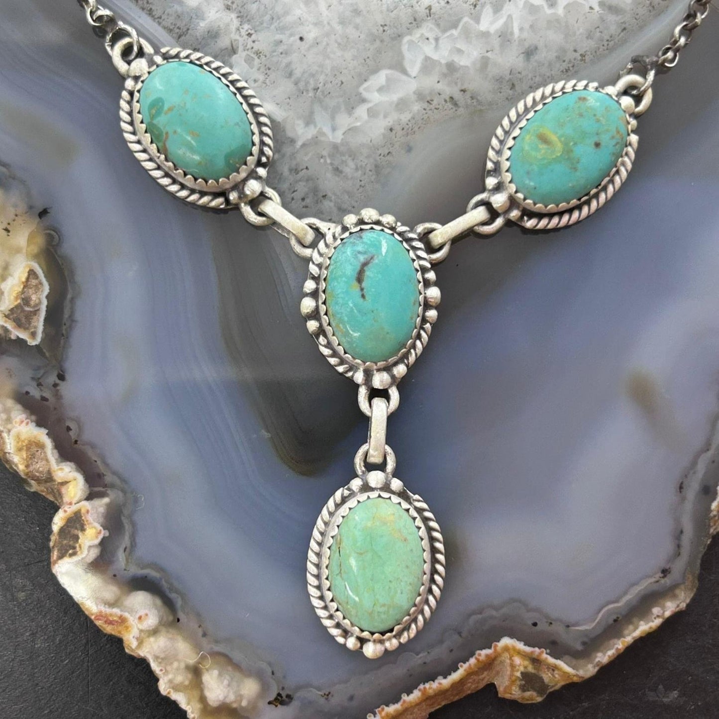 Sterling Silver Southwestern Style 4 Oval Turquoise Lariat Necklace For Women