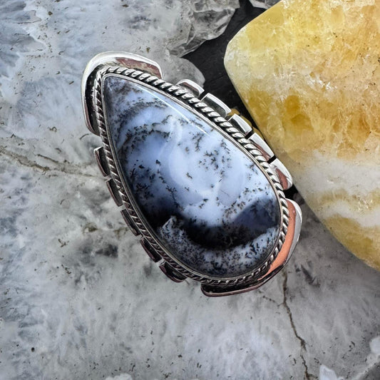 Sterling Silver Southwestern Style Elongated Teardrop Dendrite Agate Ring Size 9.25 For Women