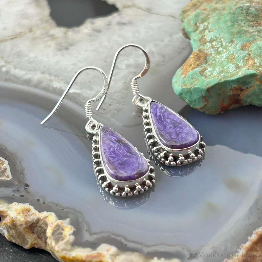 Sterling Silver Southwestern Style Teardrop Charoite Dangle Earrings For Women