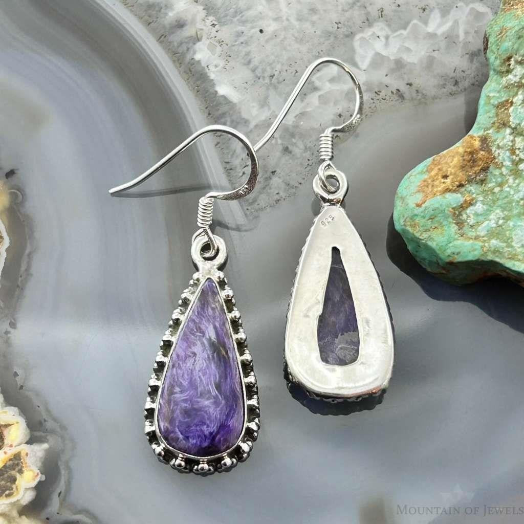 Sterling Silver Southwestern Style Teardrop Charoite Dangle Earrings For Women