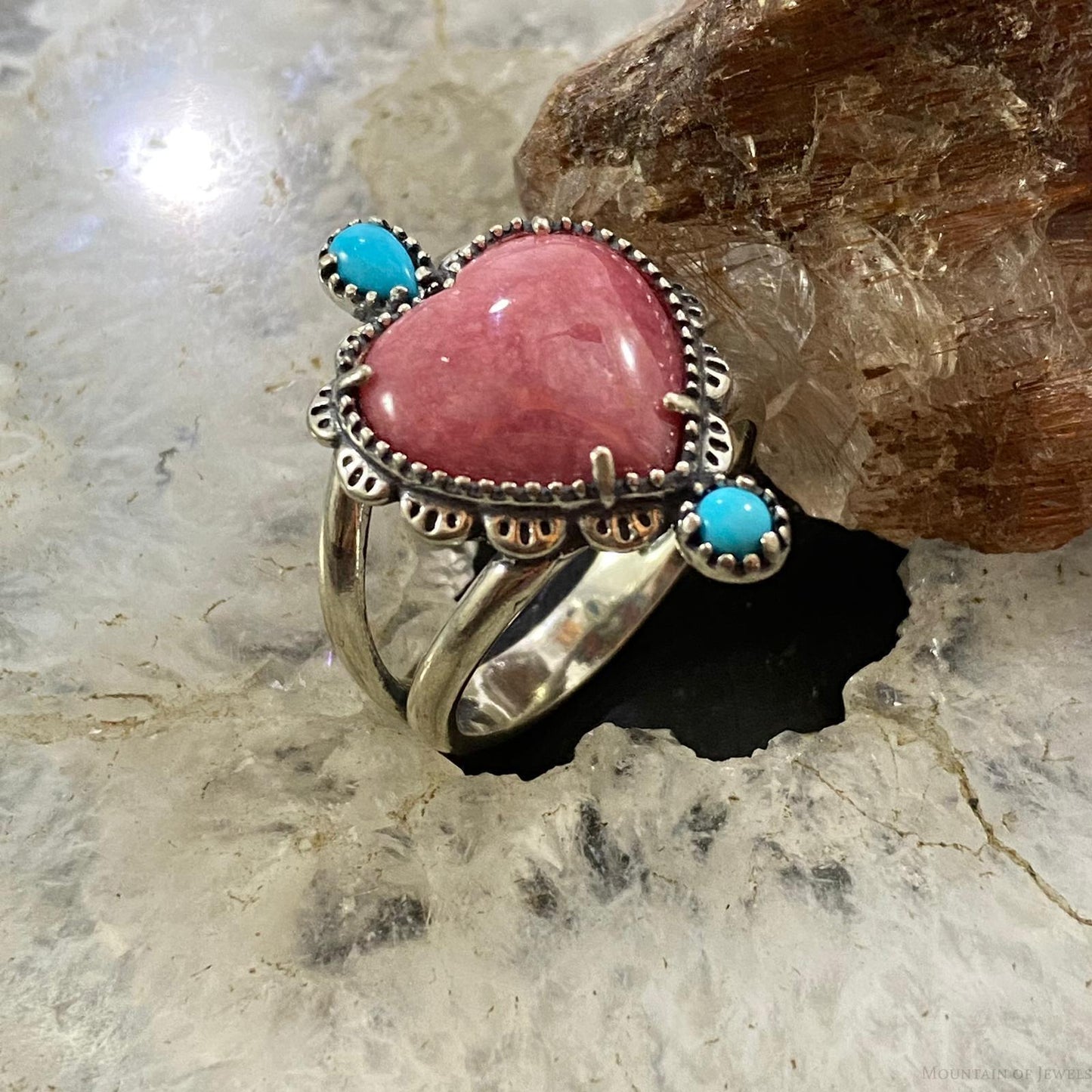 Carolyn Pollack Southwestern Style Sterling Silver Rhodonite & Turquoise Decorated Heart Ring Size 7.5 & 9 For Women