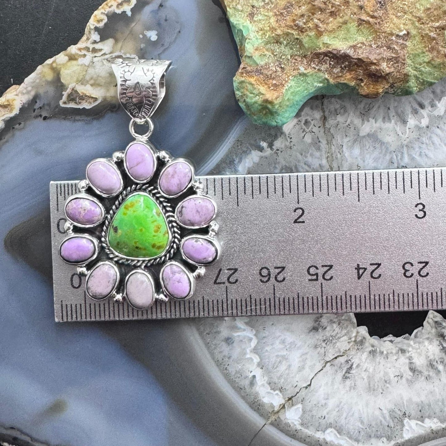 Native American Sterling Silver Green Turquoise w/Phosphosiderite Cluster Pendant For Women