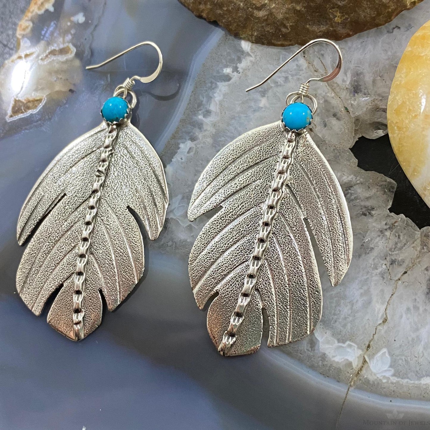 Brad Panteah Sterling Silver Turquoise Feather Texture Dangle Earrings For Women